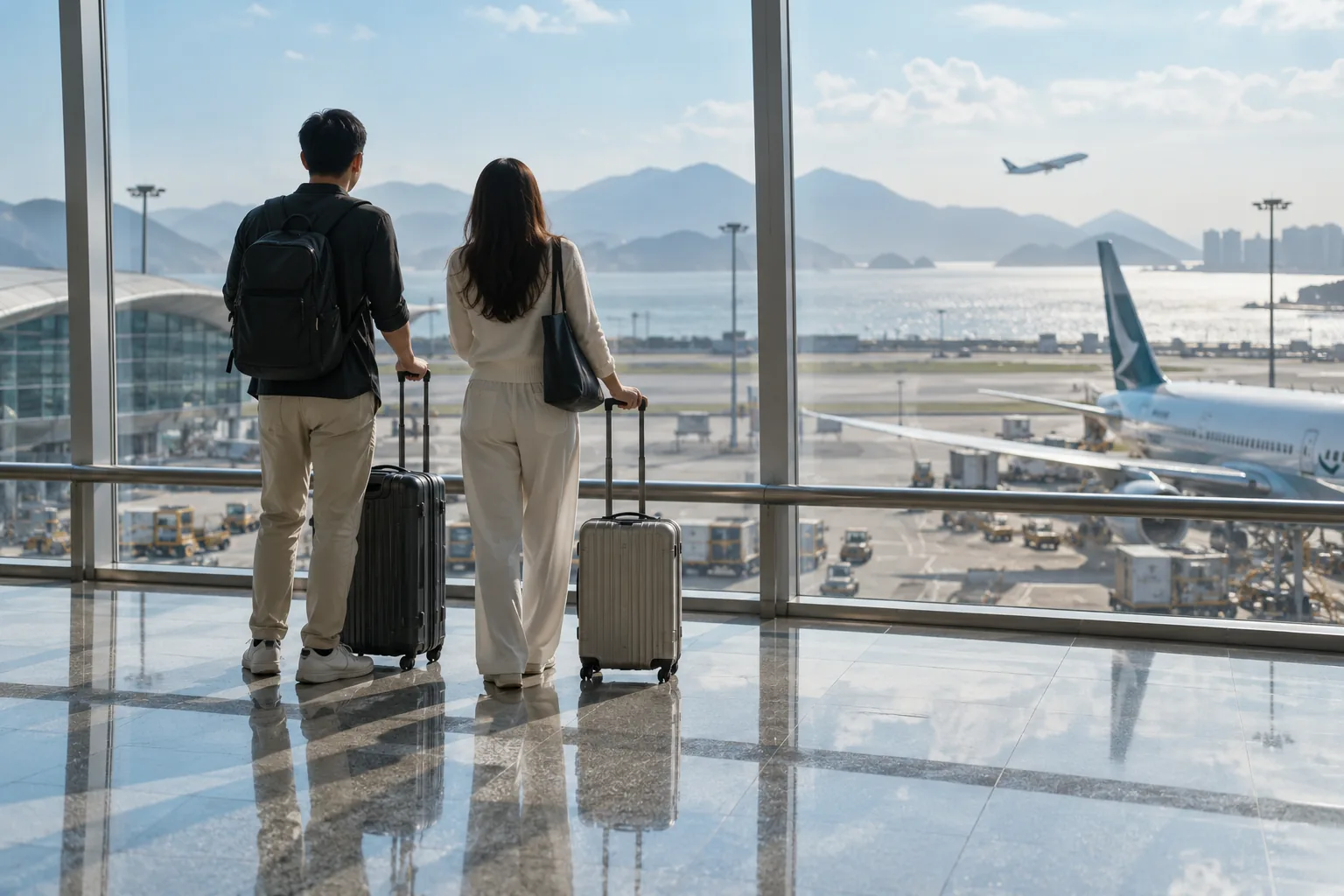旅客在明亮的机场航站楼内准备下一程