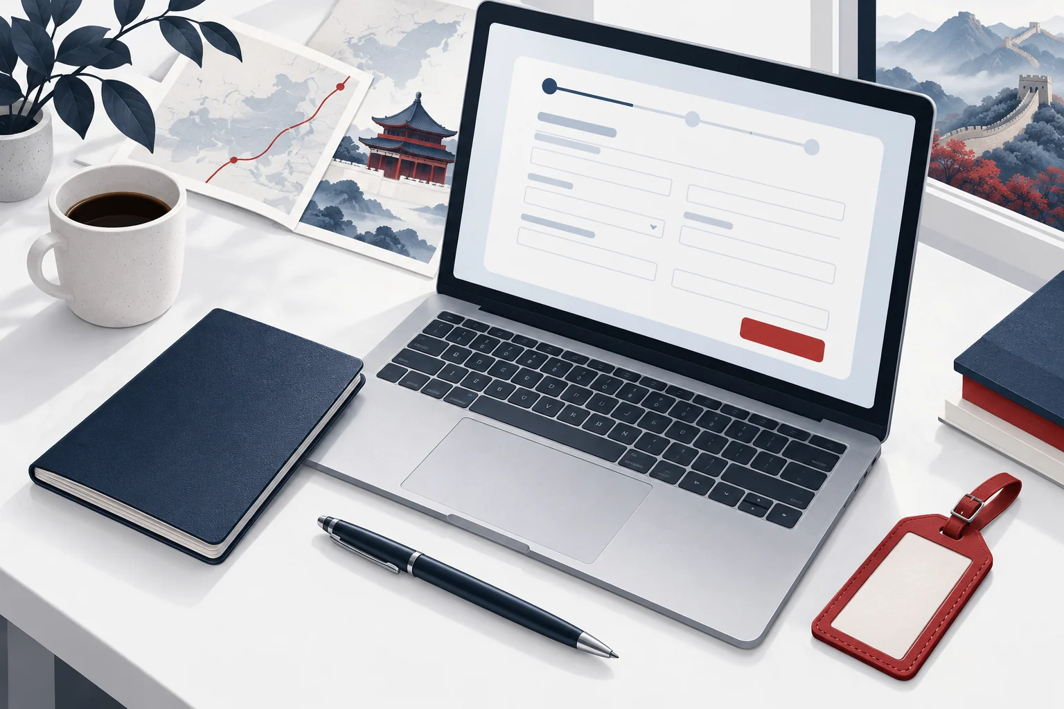 Illustration of a laptop, travel documents and a pen prepared for an online arrival declaration