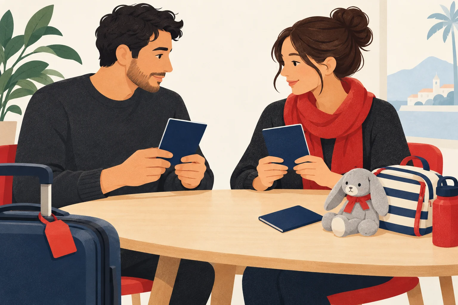 Illustration of a family checking separate travel documents for each traveler