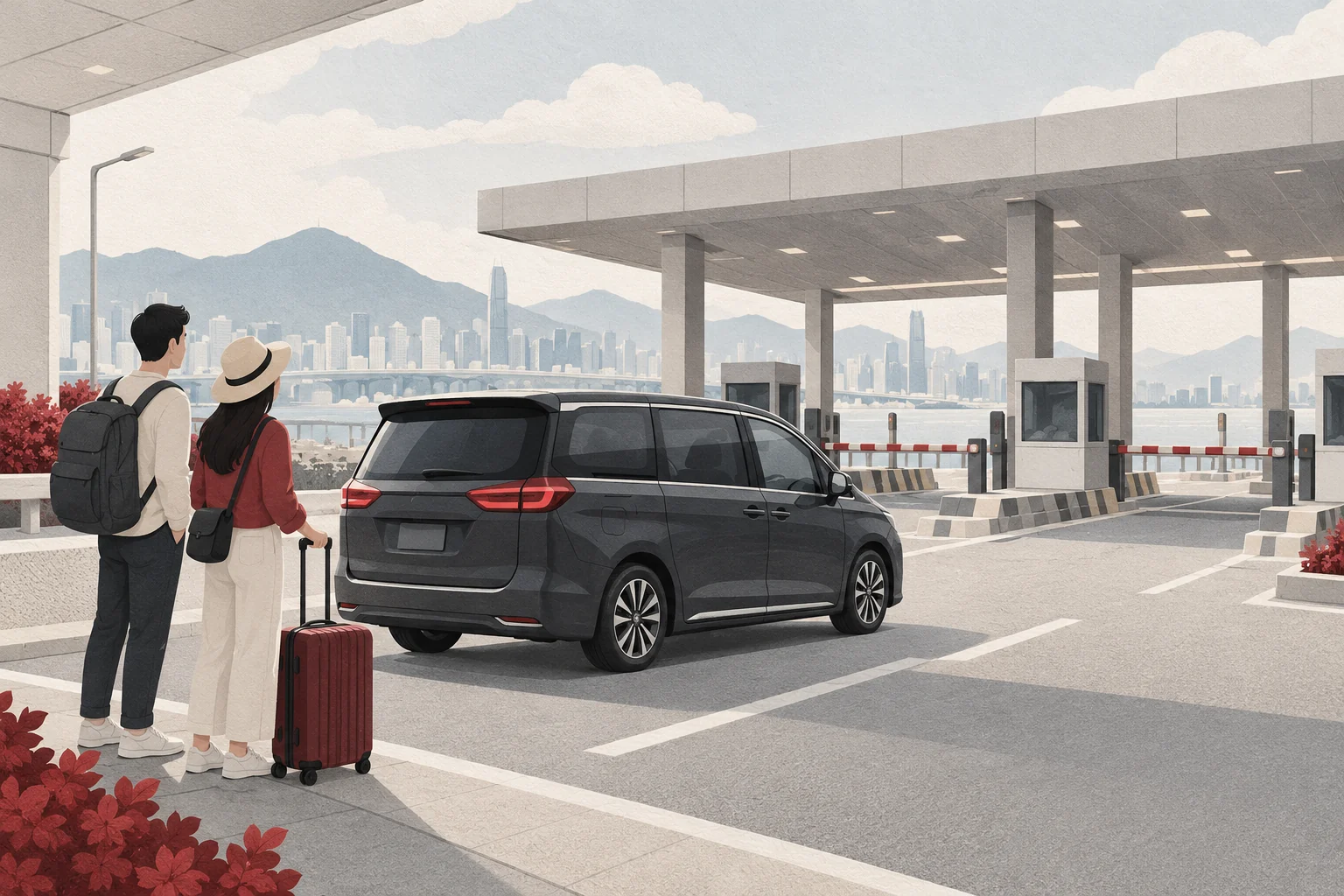 Illustration of travelers with a private car approaching a generic land checkpoint