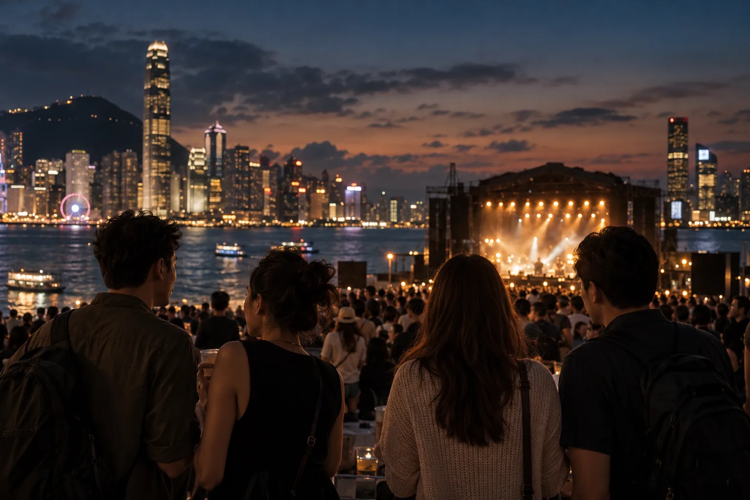 朋友们在海滨户外音乐节的灯光下同行