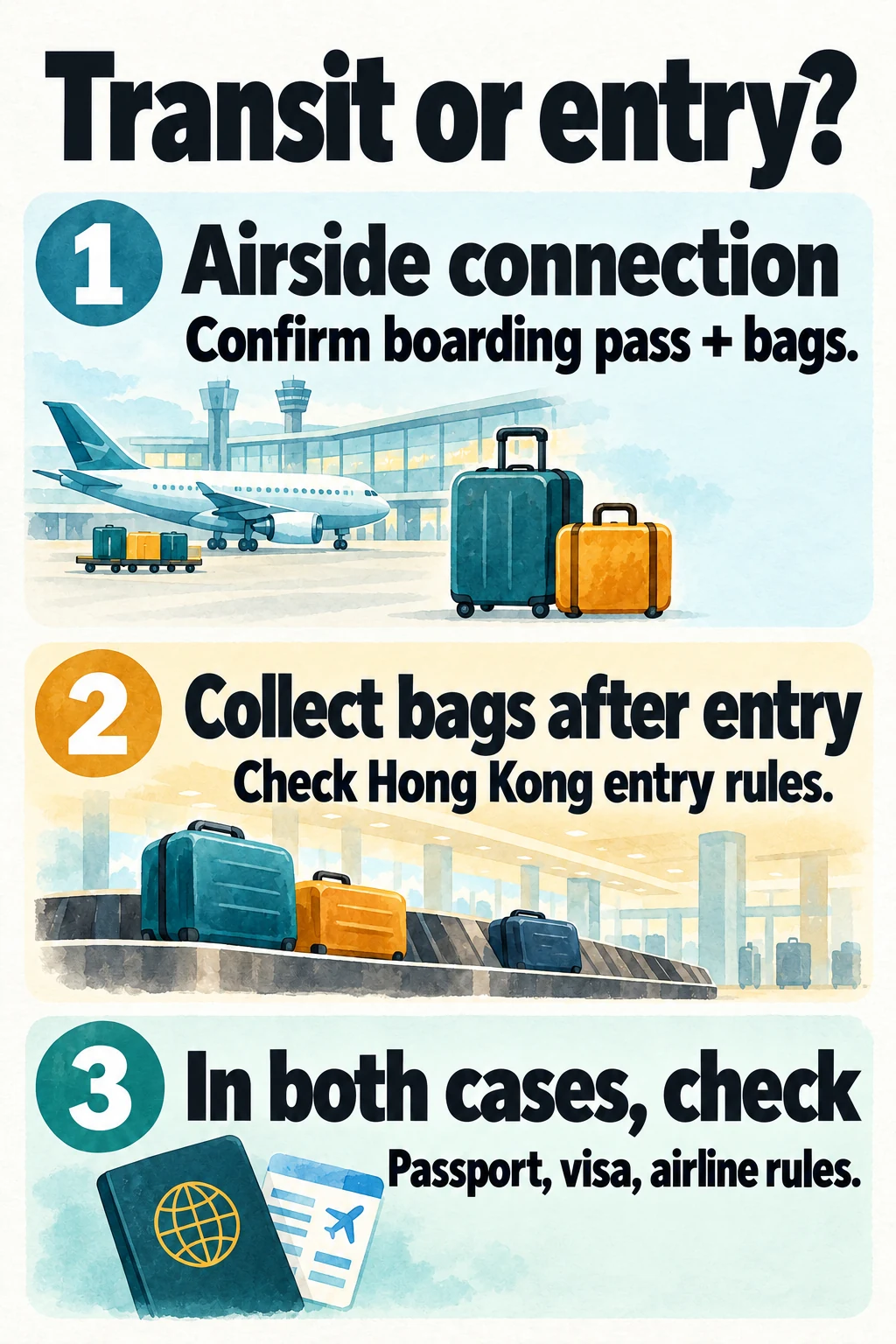 Airside transfer and baggage collection after entry both require document and airline checks