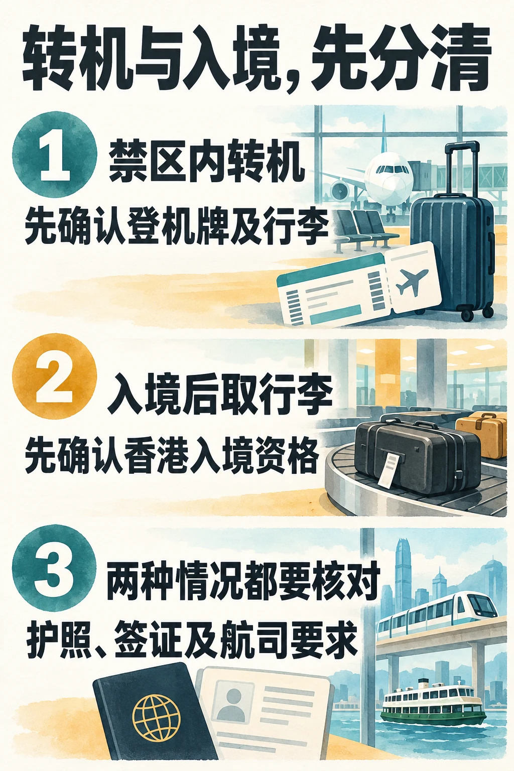 禁区转机与入境取行李两种流程都须核对证件及航司要求