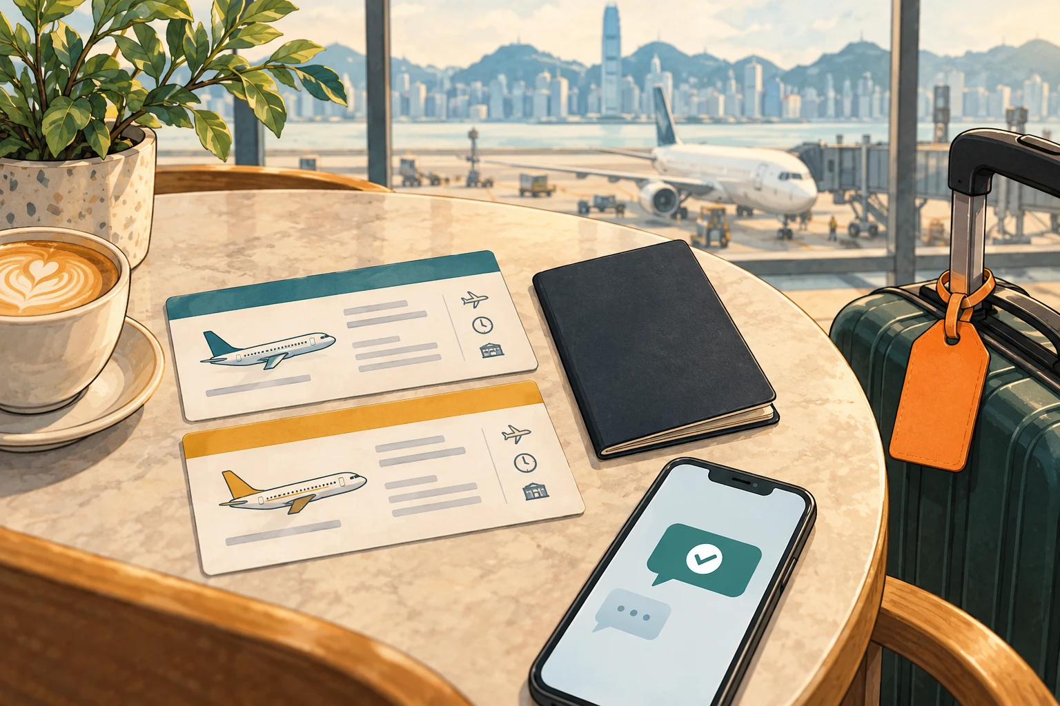 航班行程、旅行证件、行李标签和向航司确认安排的手机示意