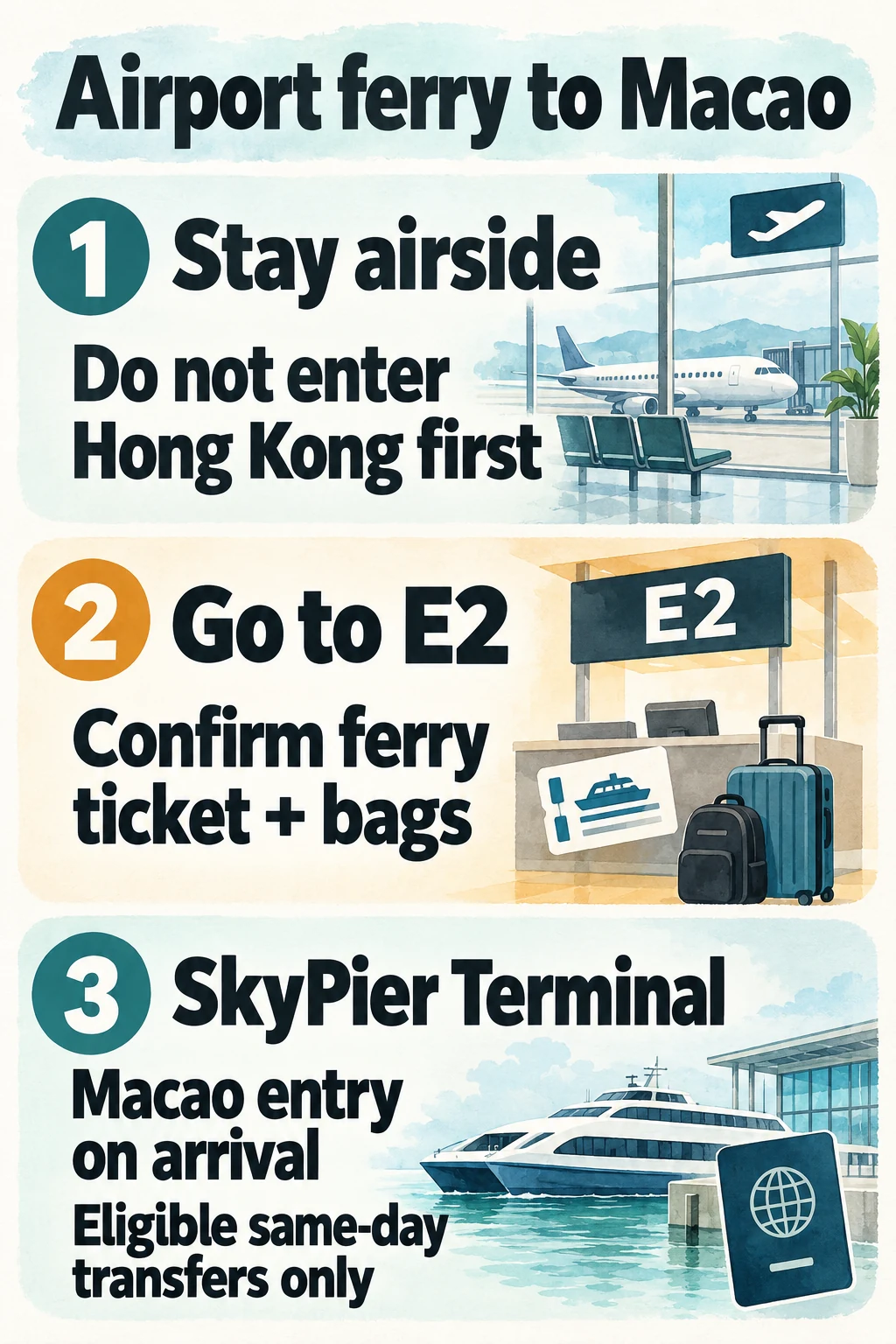 Stay airside, go to E2 and transfer through SkyPier to Macao