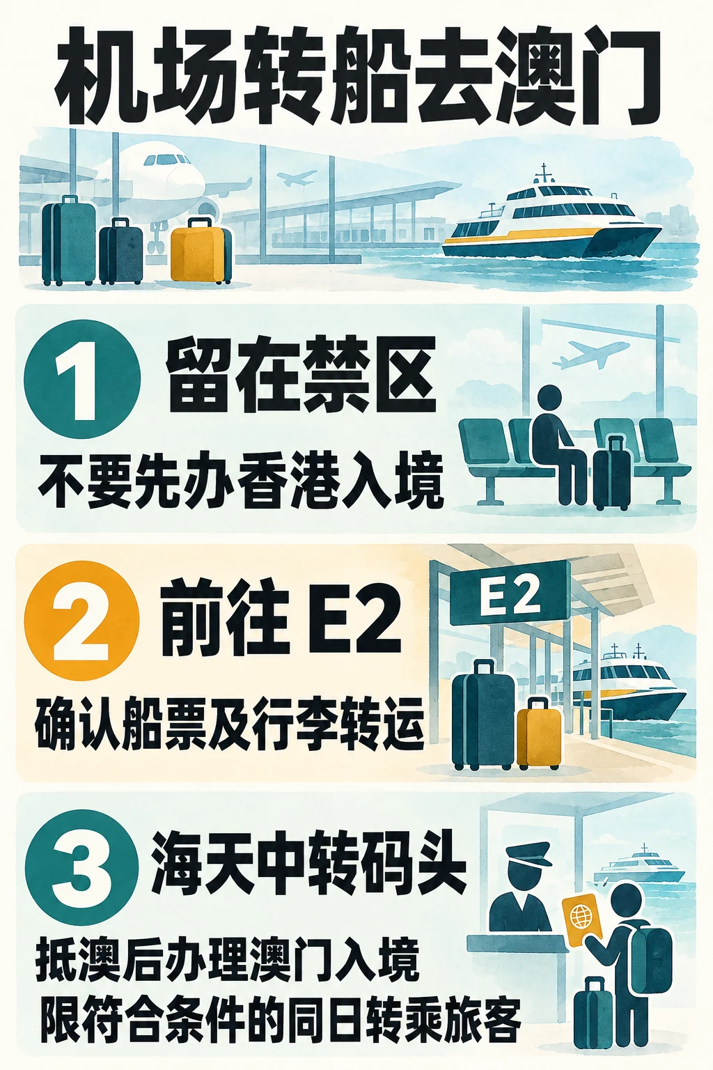 机场转船去澳门的留在禁区、E2、海天码头流程图