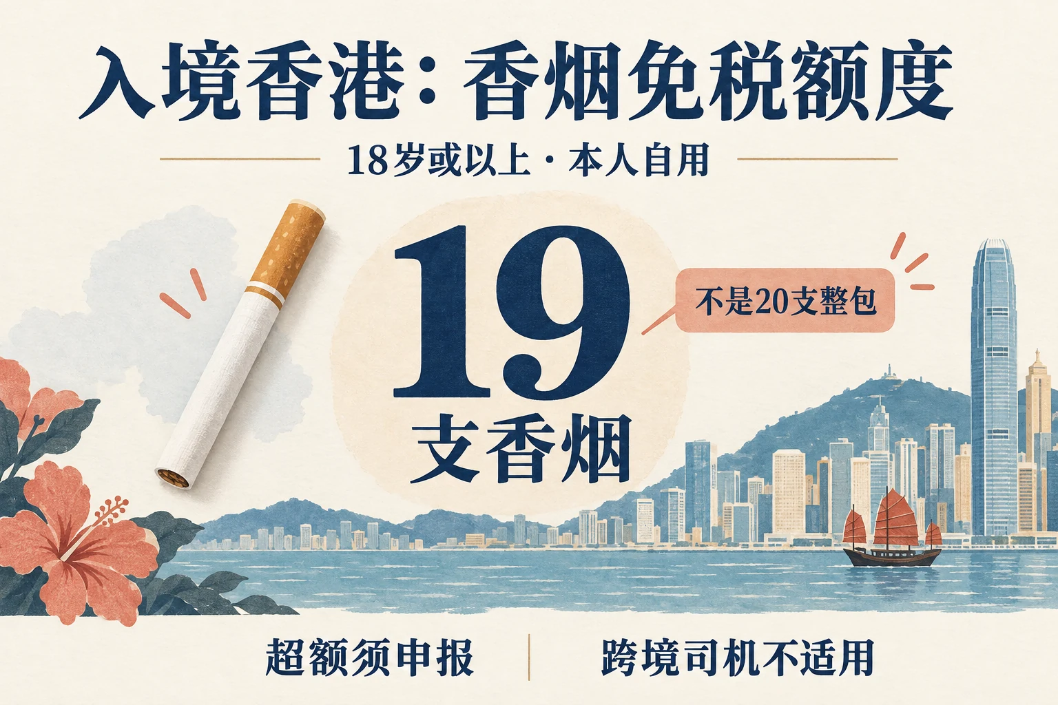 18 岁或以上自用旅客的香港香烟免税额度为 19 支,超额须申报,司机不适用