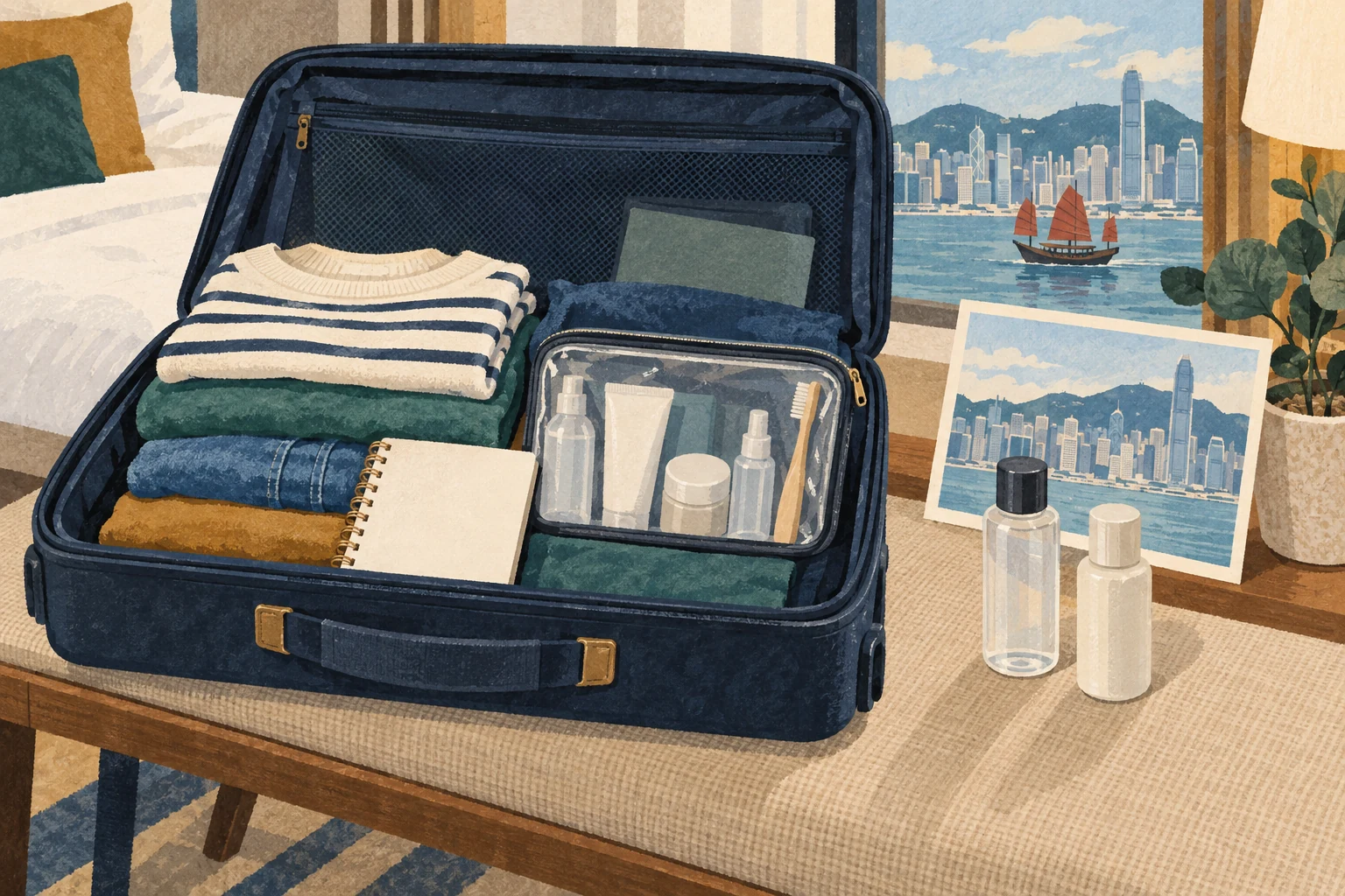 Illustration of checking an open suitcase and travel belongings before departure