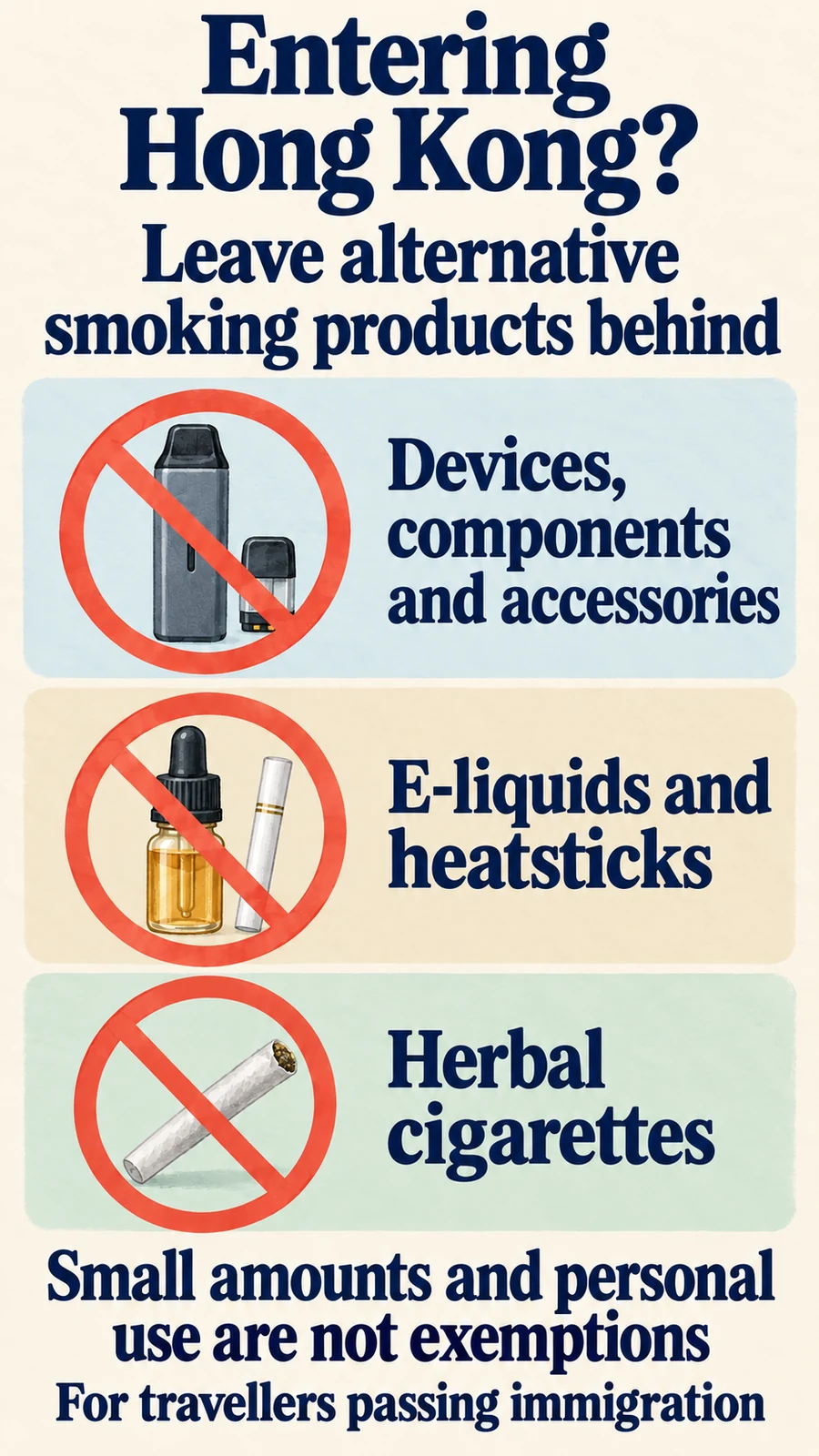 Do not bring alternative smoking products through Hong Kong immigration, including devices, liquids, heatsticks and herbal cigarettes