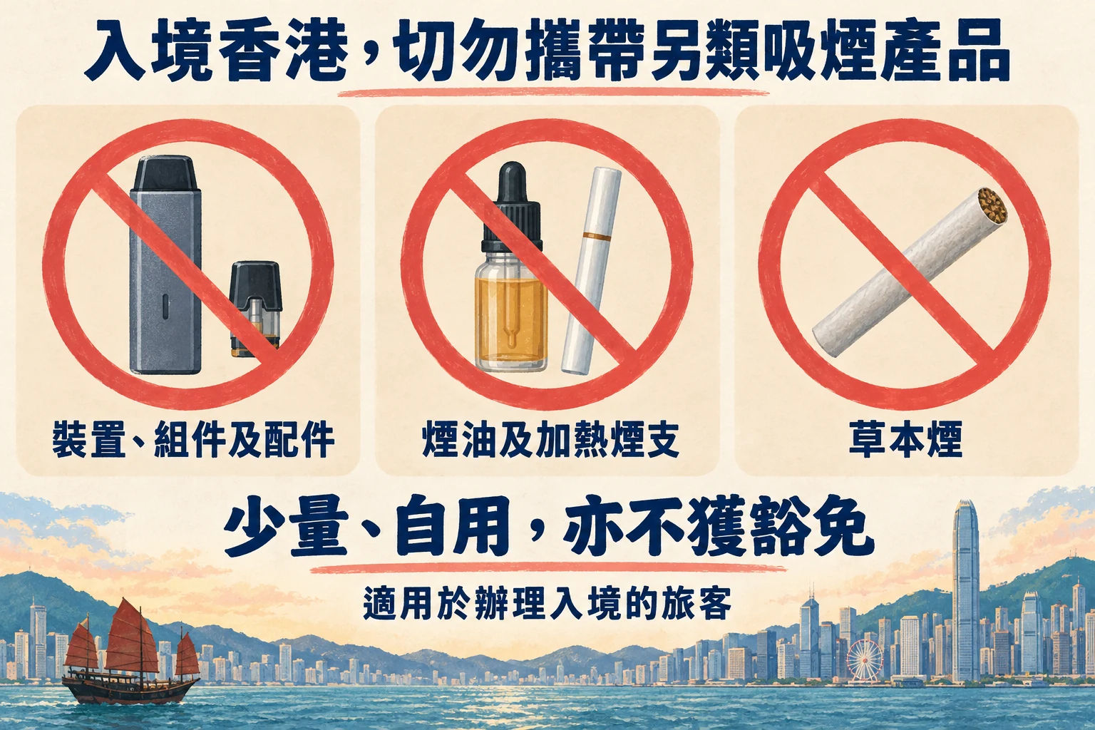 入境香港不可攜帶另類吸煙產品,包括裝置、煙油、加熱煙支及草本煙