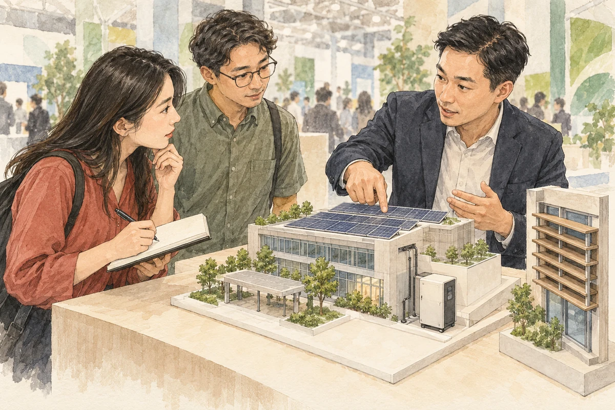 访客围绕通用节能建筑模型向讲解者提问并做笔记的插画
