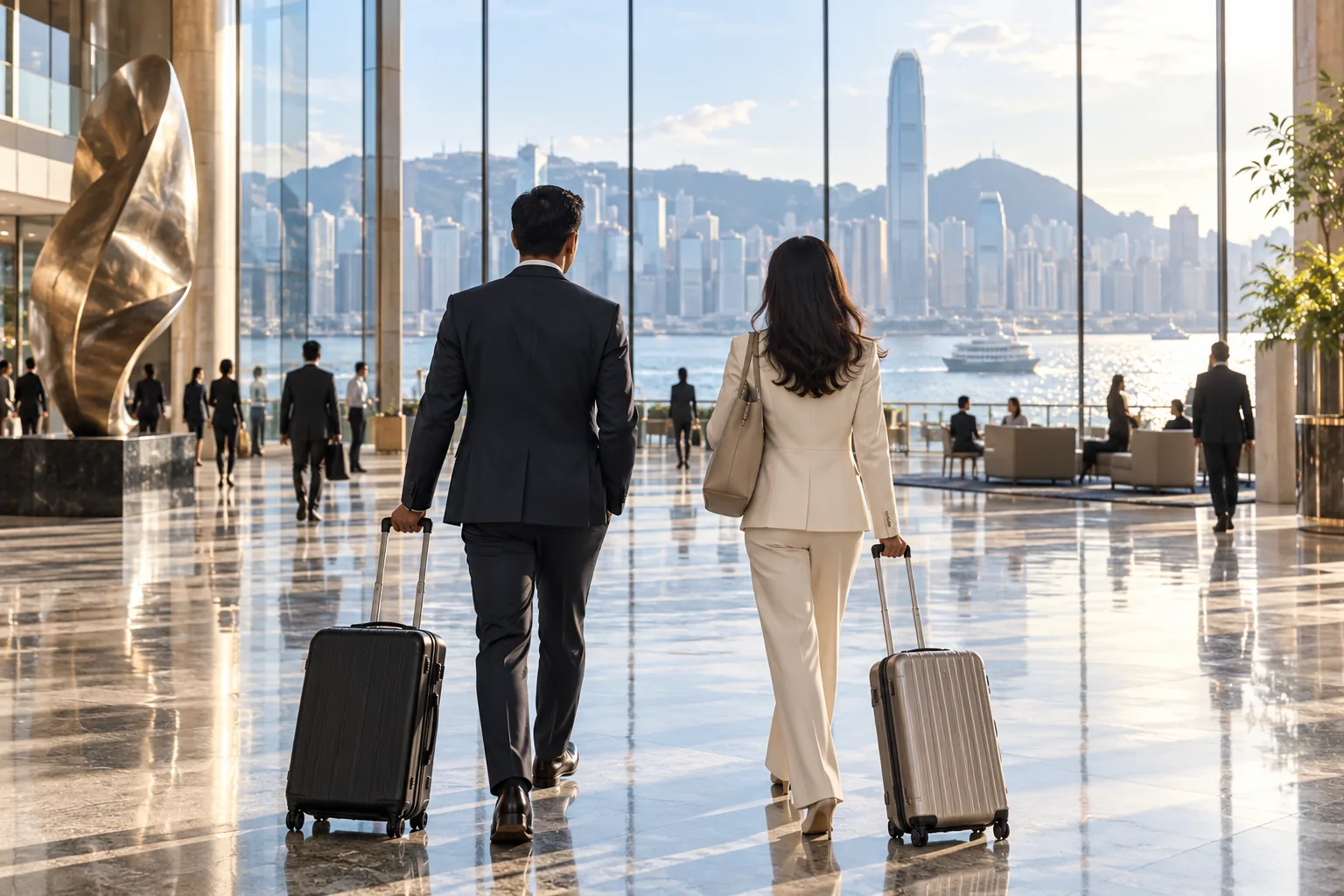 Business travellers with suitcases in a waterfront convention foyer