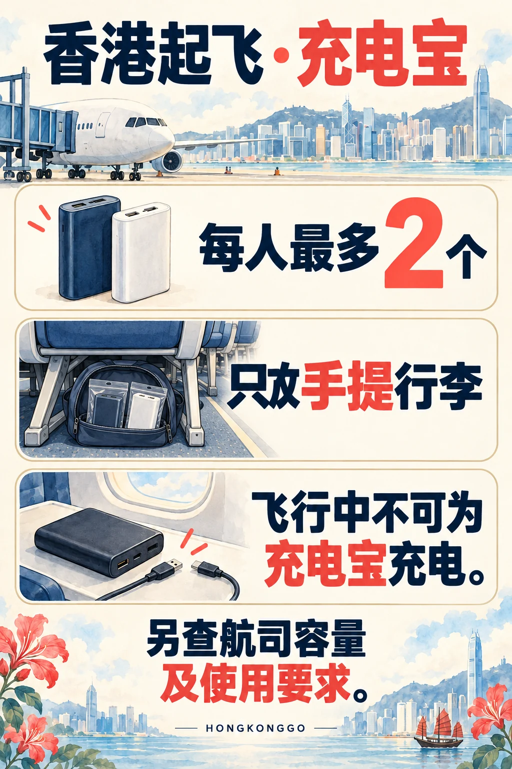 香港离港充电宝数量、手提存放及禁止途中补电的三项提示