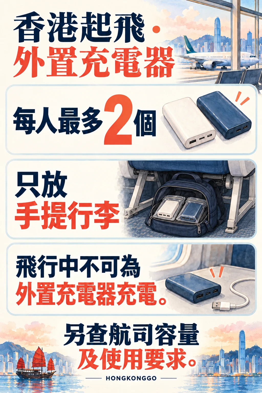 香港離港外置充電器數量、手提存放及禁止途中補電的三項提示