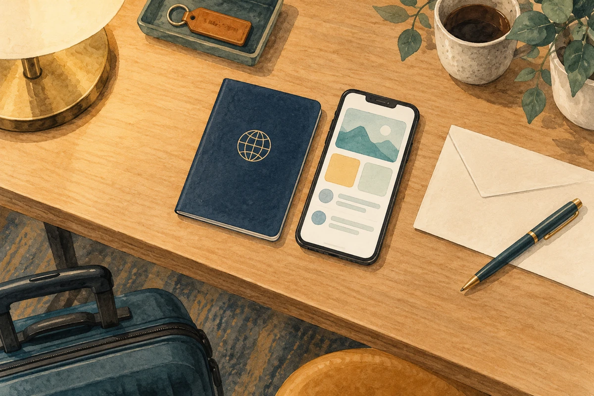 Illustration of a travel booklet, phone, envelope and luggage prepared together