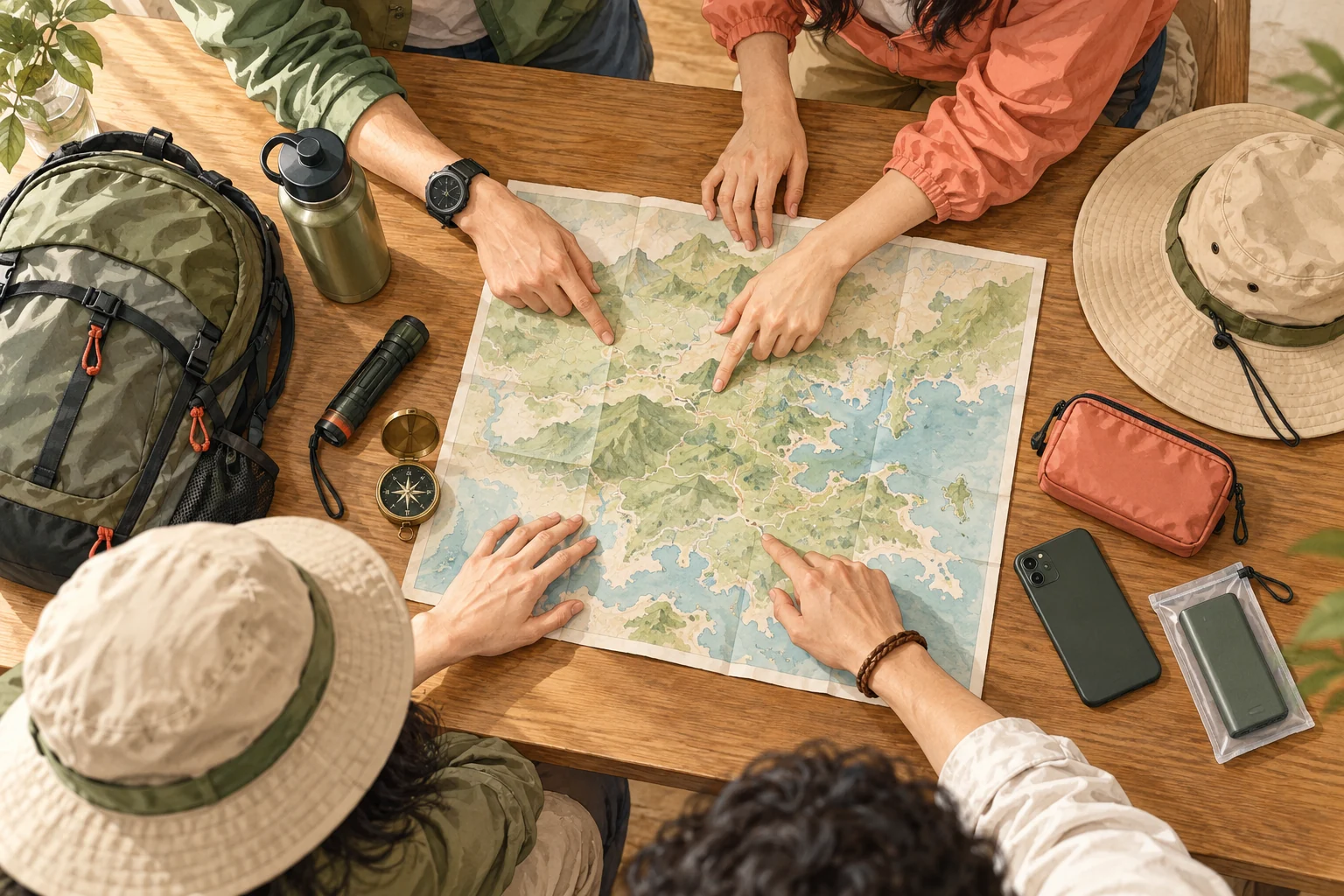 Four companions plan with a map, water, a torch and a backpack