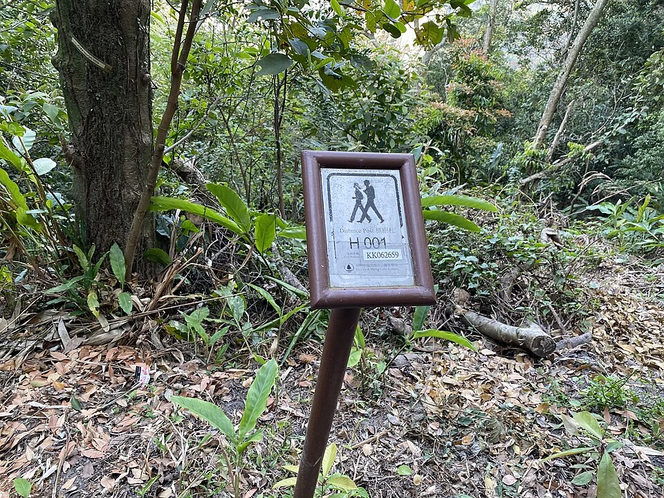 A real Hong Kong Trail H001 distance post with a grid reference