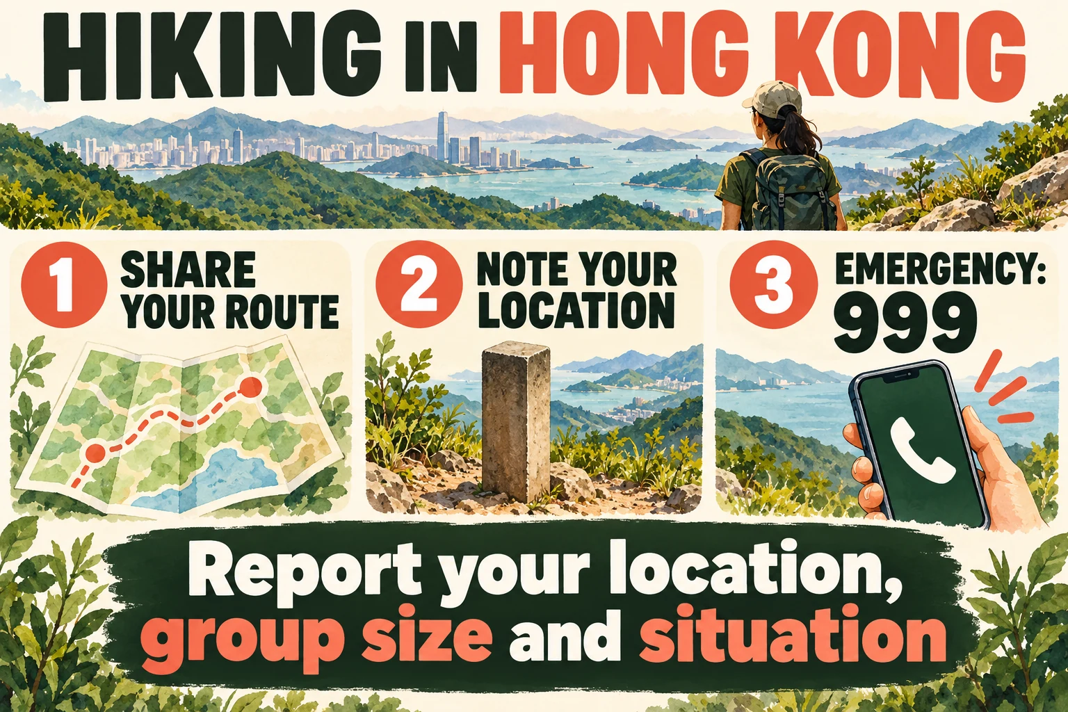 Three hiking preparations: share your route, note your location, call 999 in an emergency