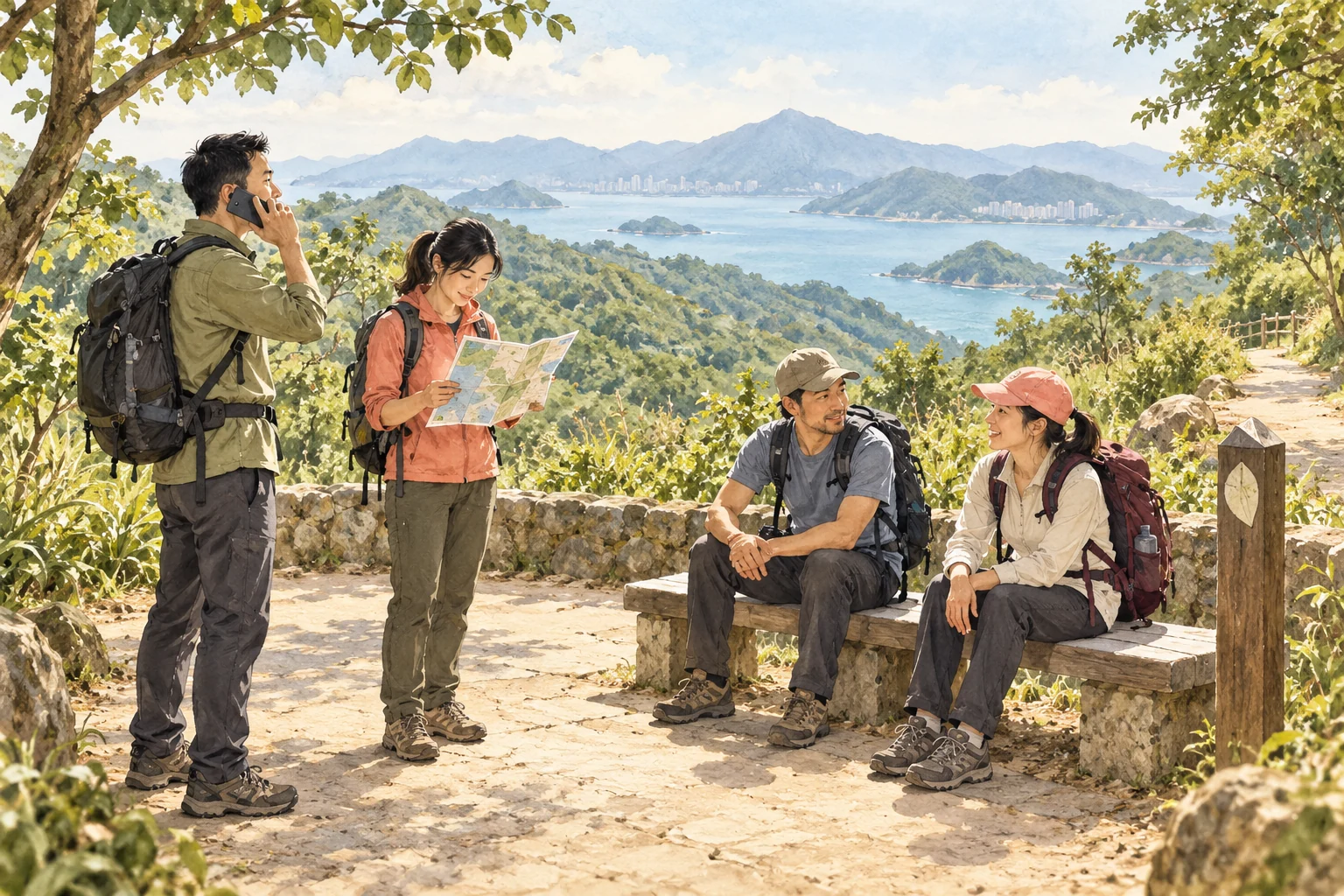 Four companions stop at a broad trail rest area to check a phone and map