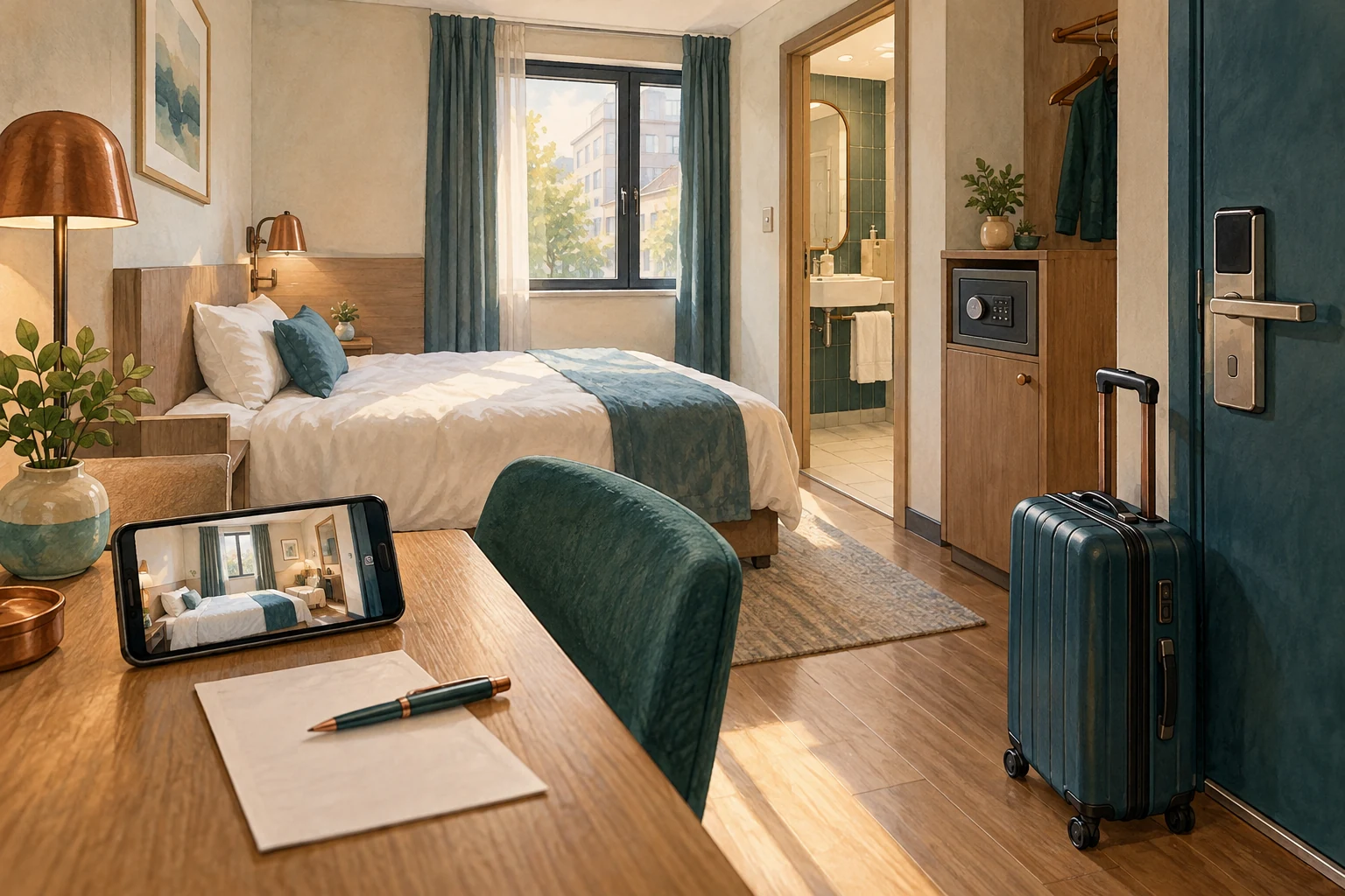Illustration of a suitcase, room, room photograph on a phone and blank note paper