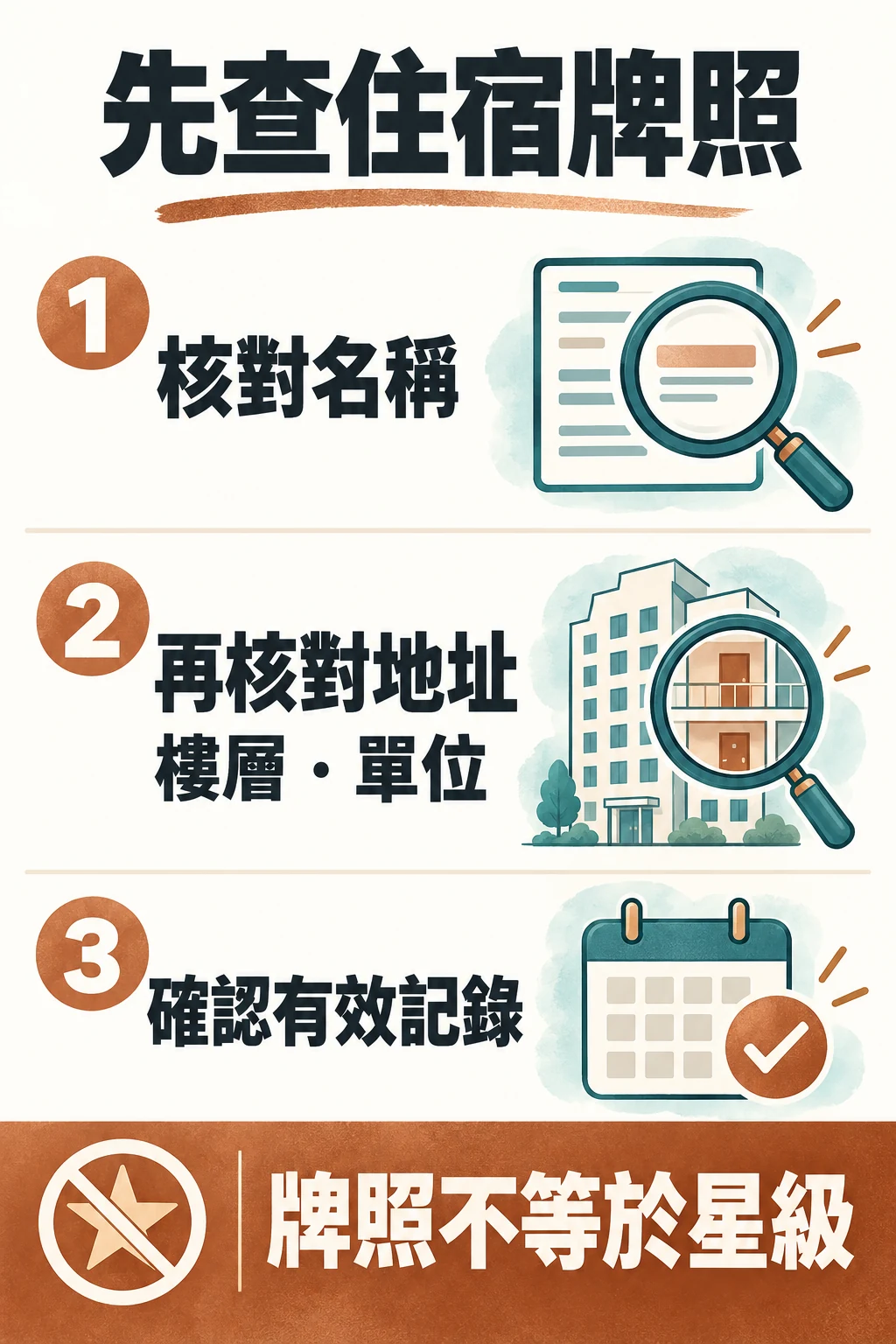 核對住宿名稱、詳細地址和有效牌照記錄的三步圖