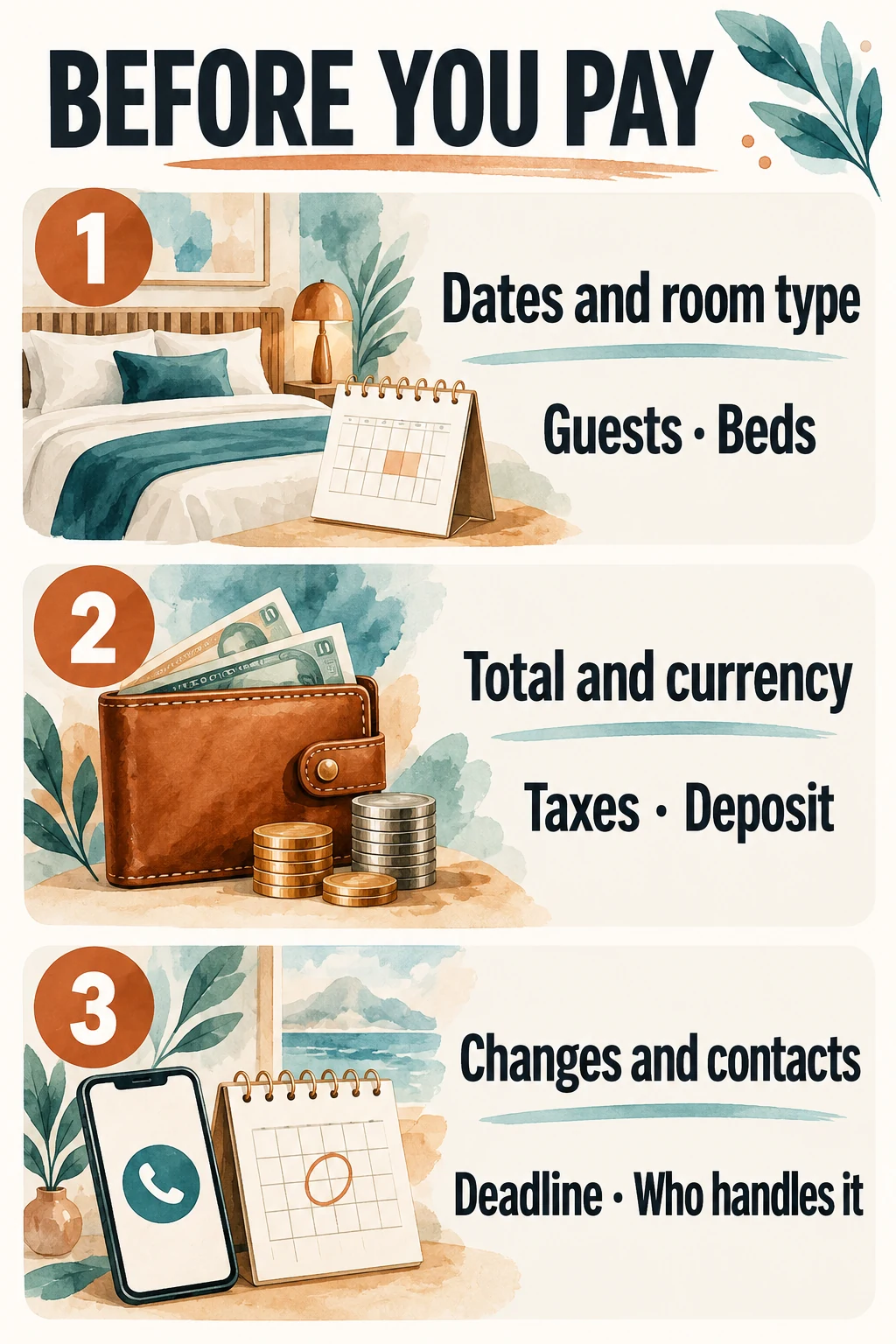 Checklist for dates and room, total and currency, and changes and contacts