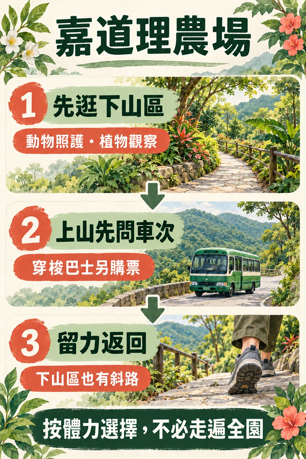 先逛下山區、上山先問車次、留力返回的參觀順序