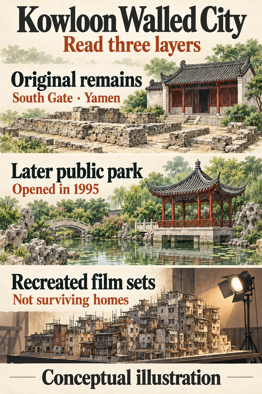 Three layers: original remains, the park opened in 1995 and recreated film sets