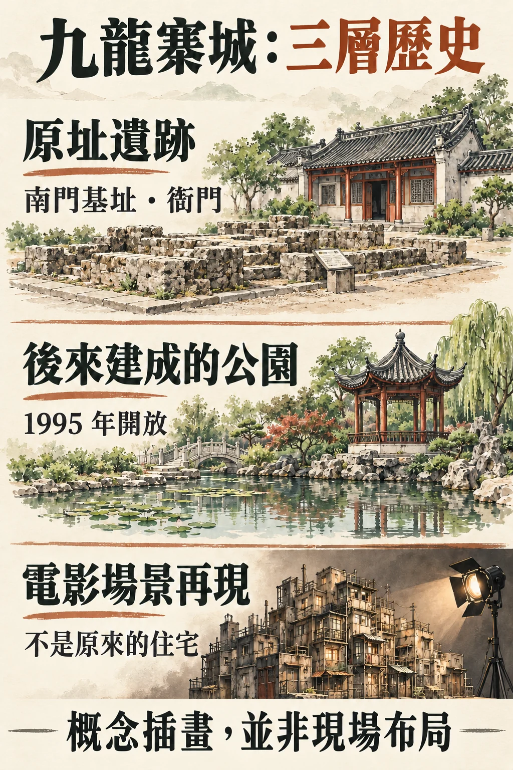 原址遺蹟、1995年開放的公園和電影場景再現三層關係圖