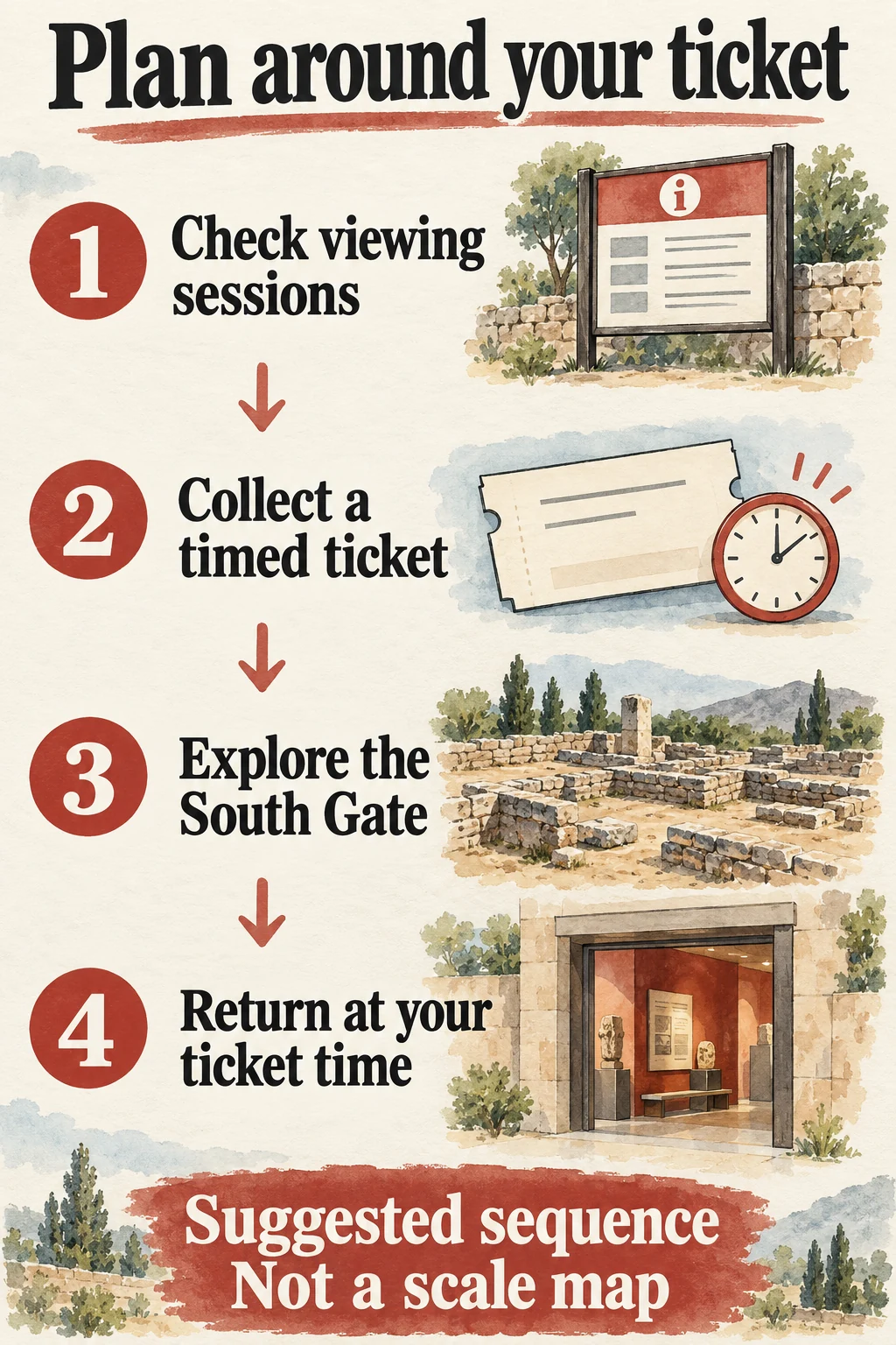 Sequence for checking sessions, collecting a ticket, viewing the South Gate and returning on time