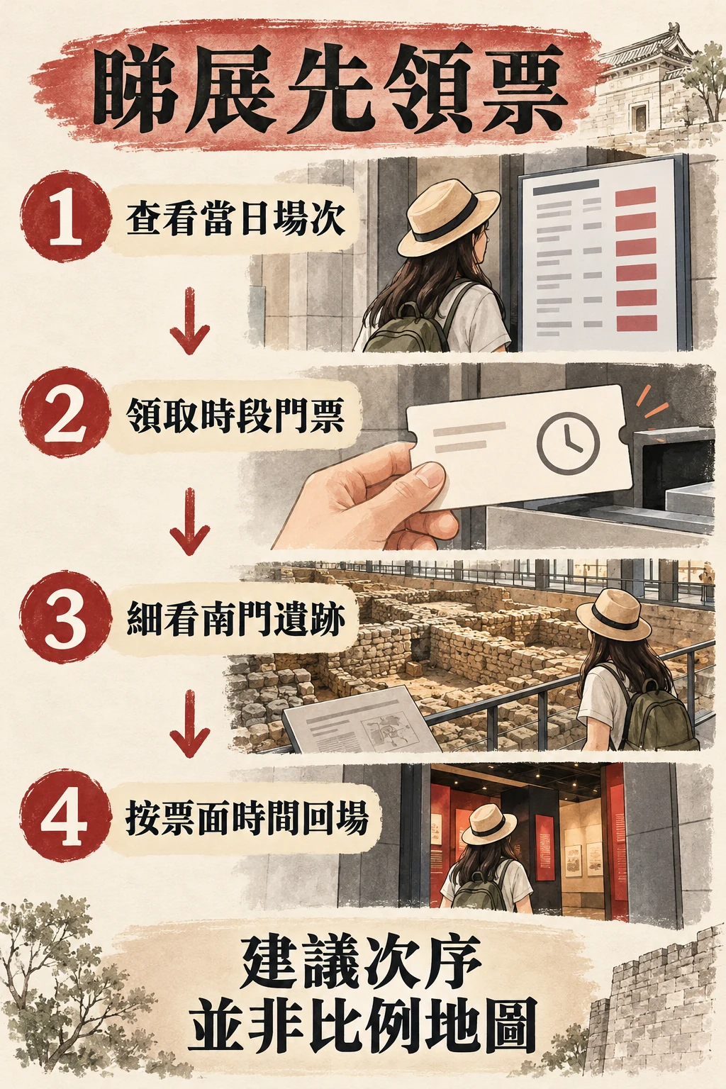 先核對場次、領票,再在有餘裕時看南門並按時回場的順序圖