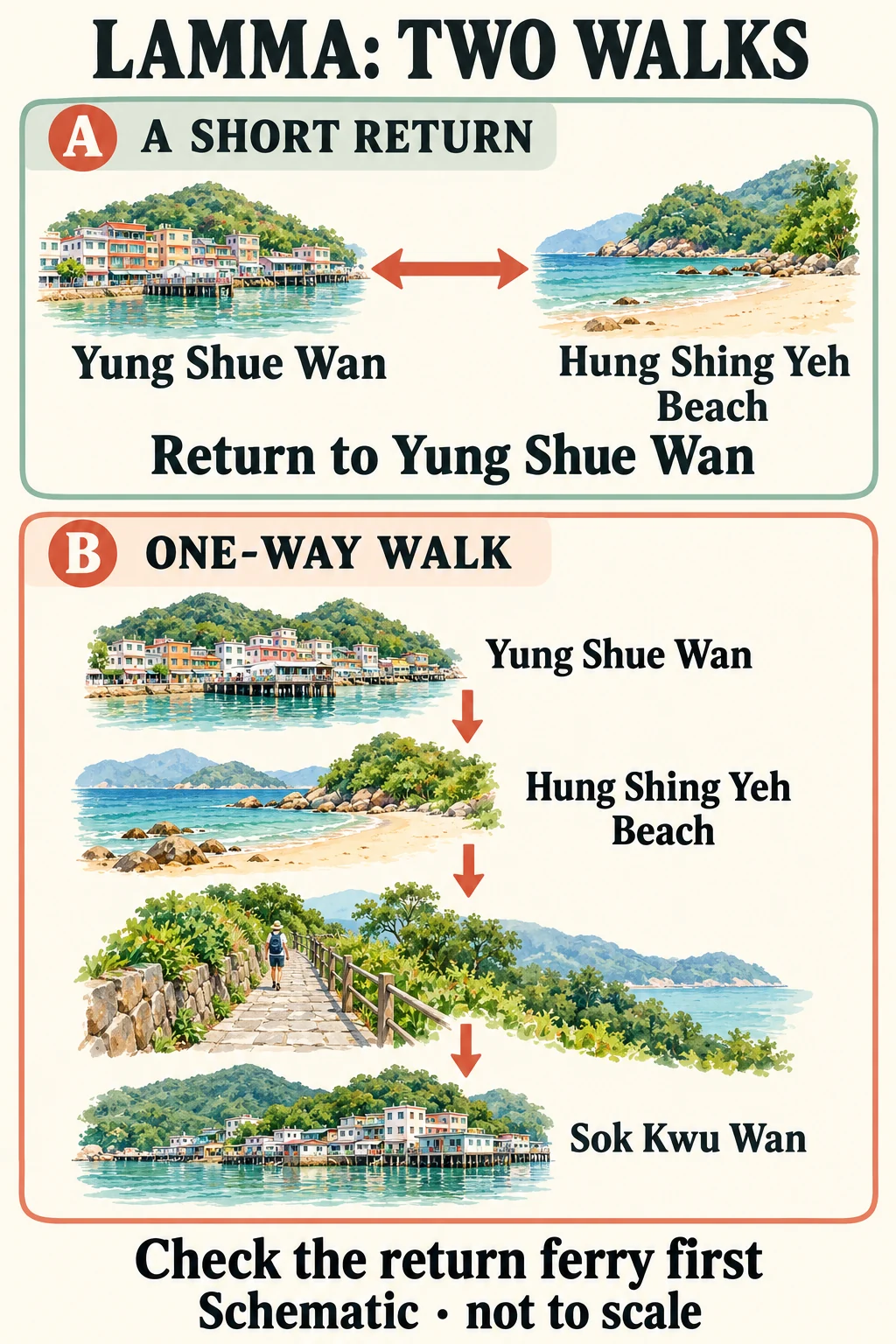 Return from Hung Shing Yeh Beach to Yung Shue Wan, or continue over the hills to Sok Kwu Wan