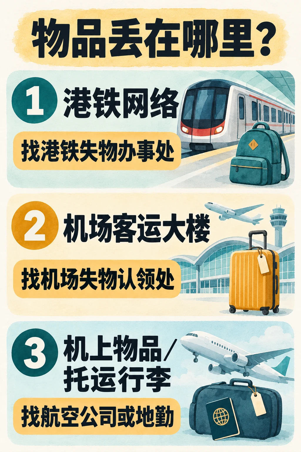 按港铁、机场客运大楼及机上物品或托运行李分类的联系流程图