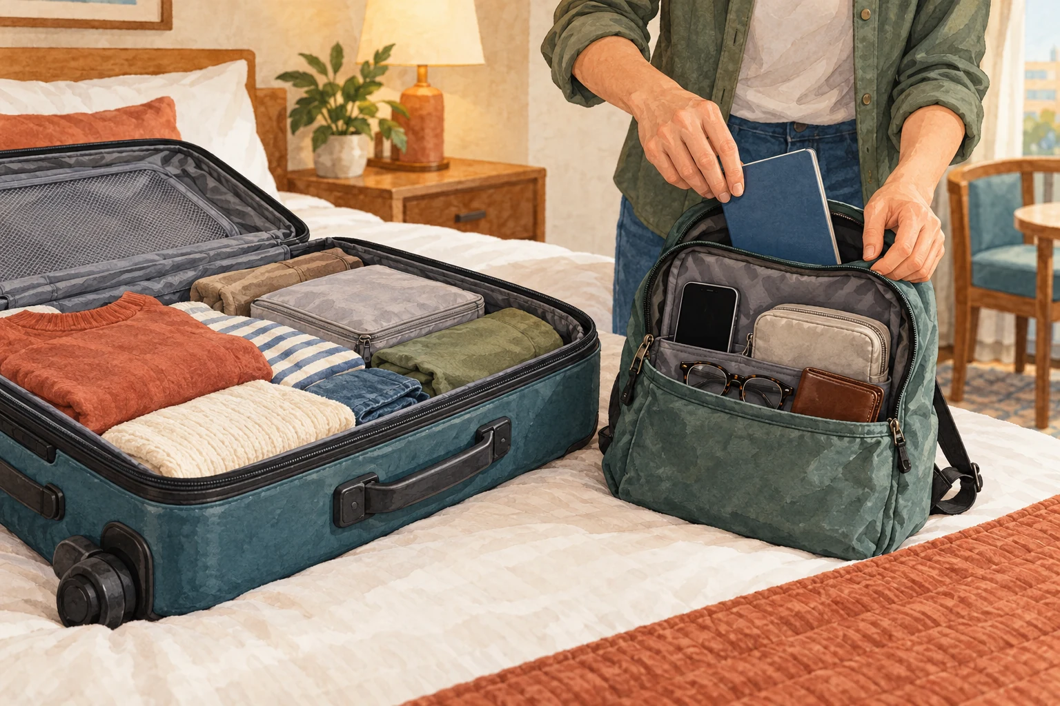 Illustration of travel essentials kept separate from a larger suitcase