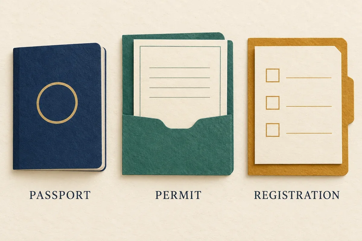 分别标为 PASSPORT、PERMIT、REGISTRATION 的抽象证件类别插画