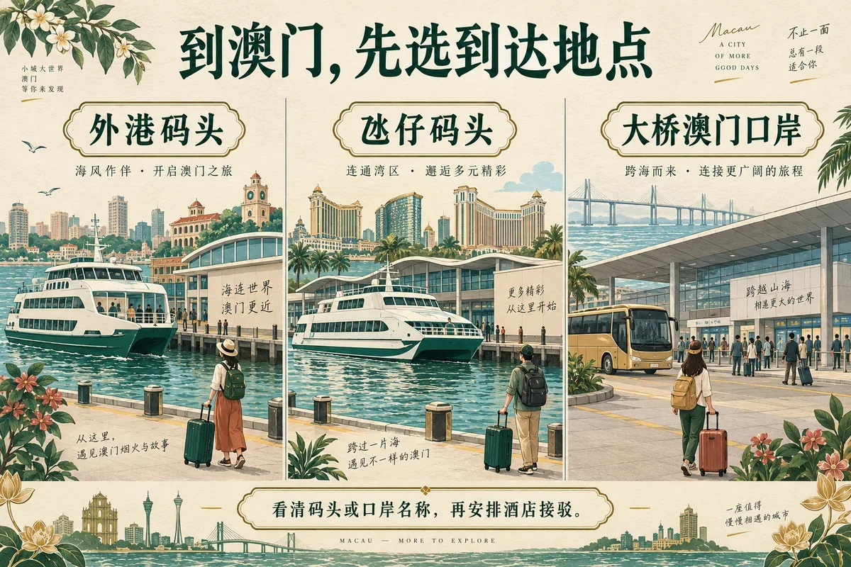 分别展示外港码头、氹仔码头、大桥澳门口岸三种到达点的旅行插画