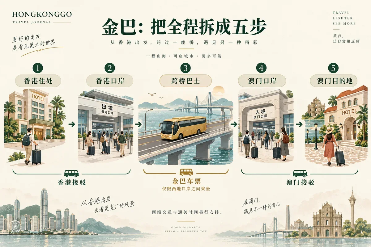 金巴行程依次经过香港住处、香港口岸、跨桥巴士、澳门口岸与澳门目的地的五步示意