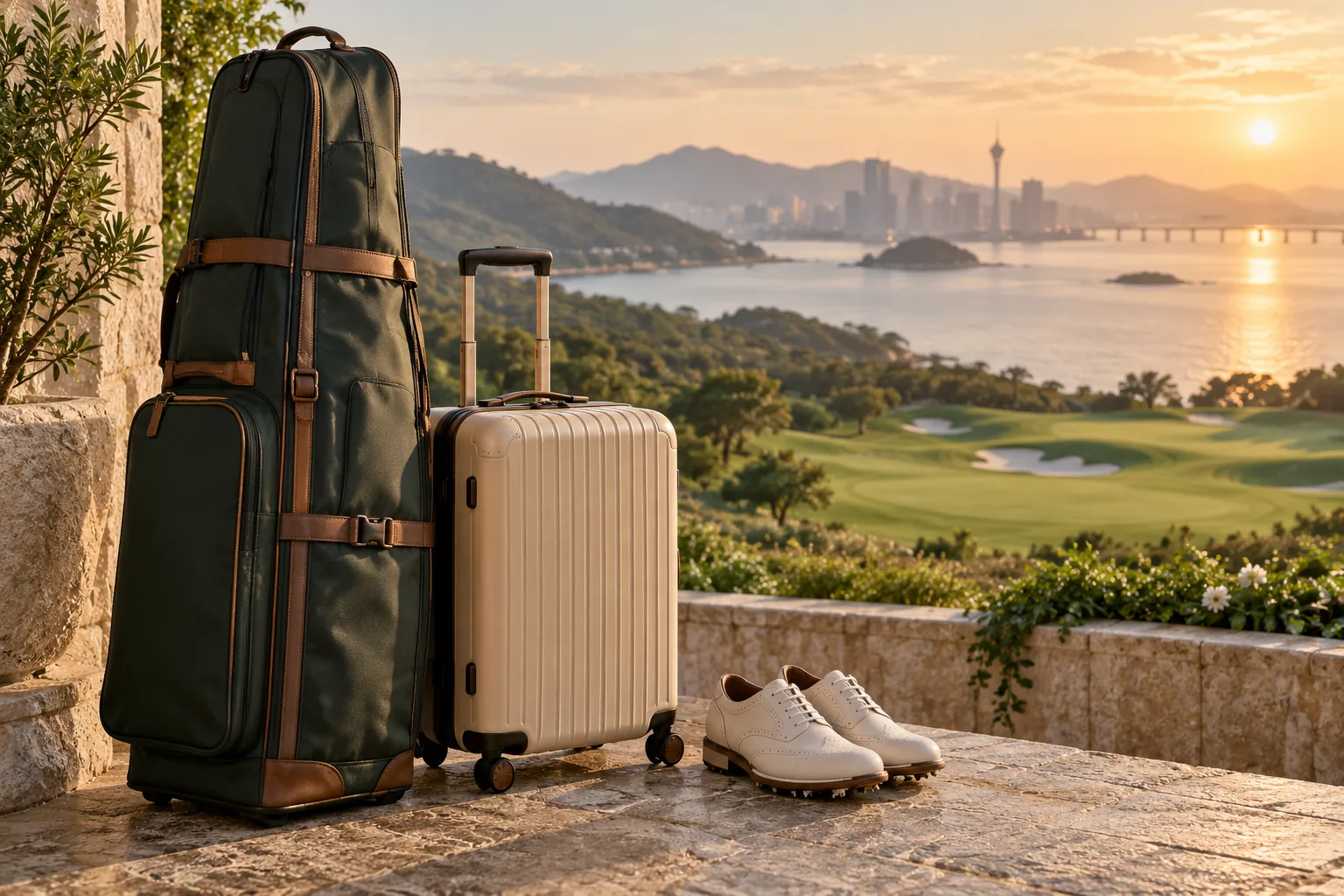 A golf travel bag, suitcase and shoes overlooking a coastal course
