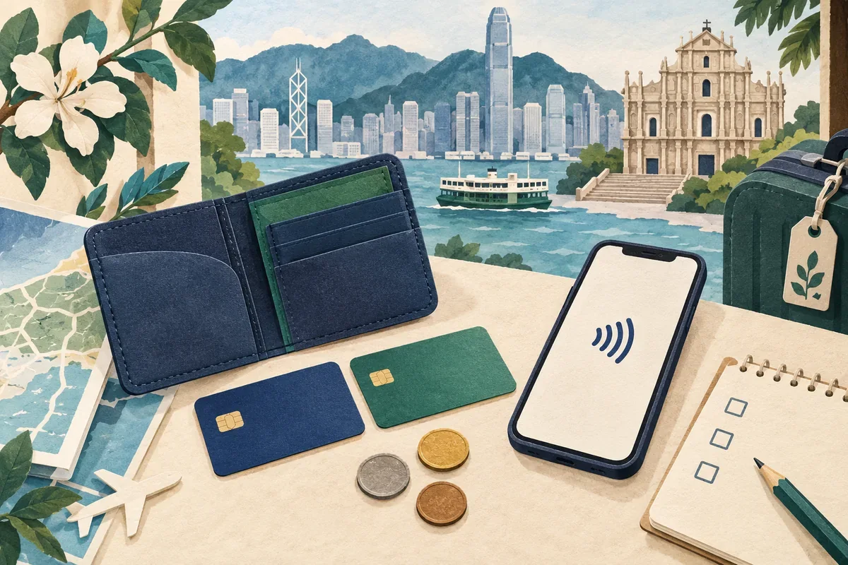 Travel illustration of a wallet, two unbranded bank cards and a mobile-payment symbol