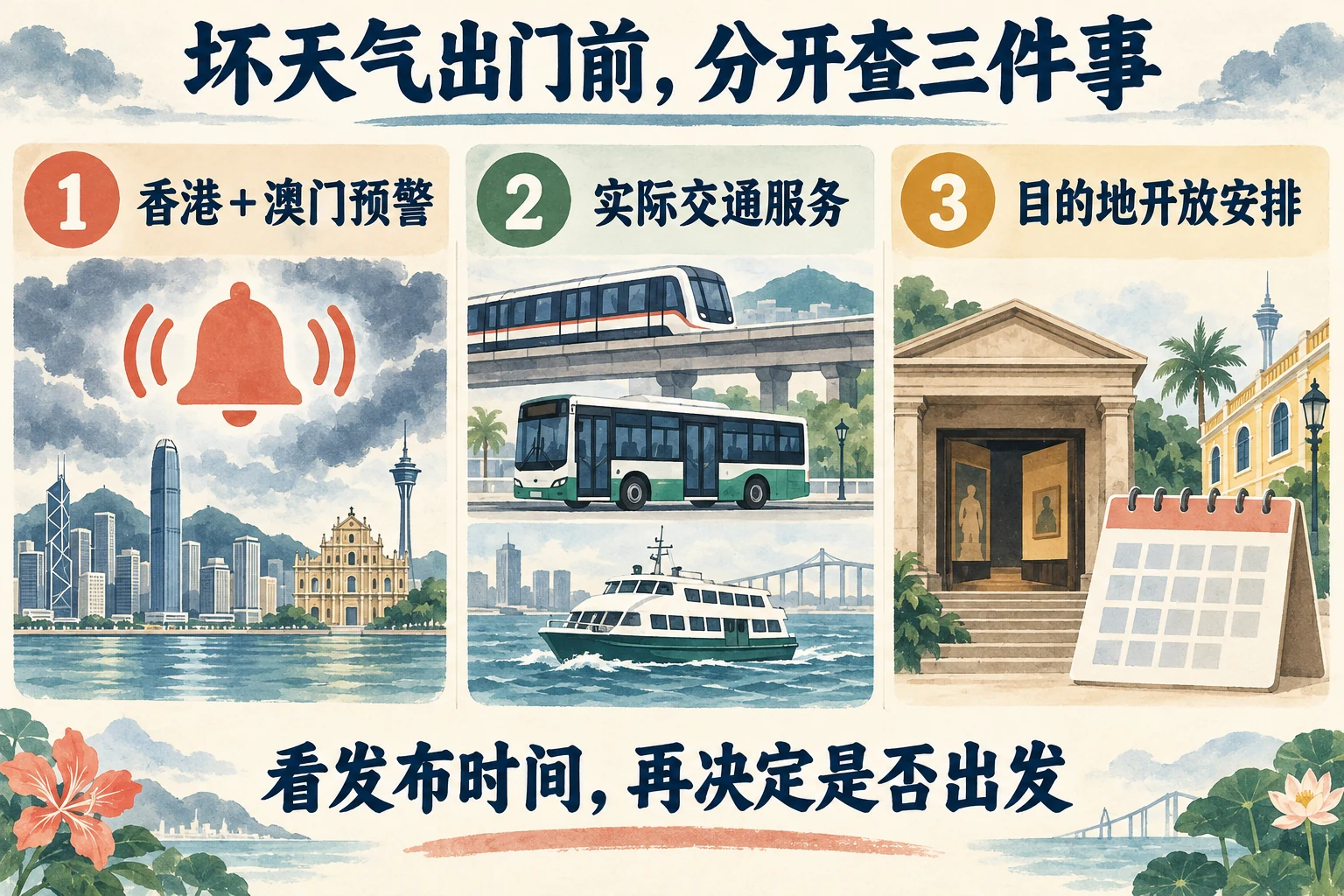 出发前分别查询港澳预警、交通服务和目的地开放安排的三步图