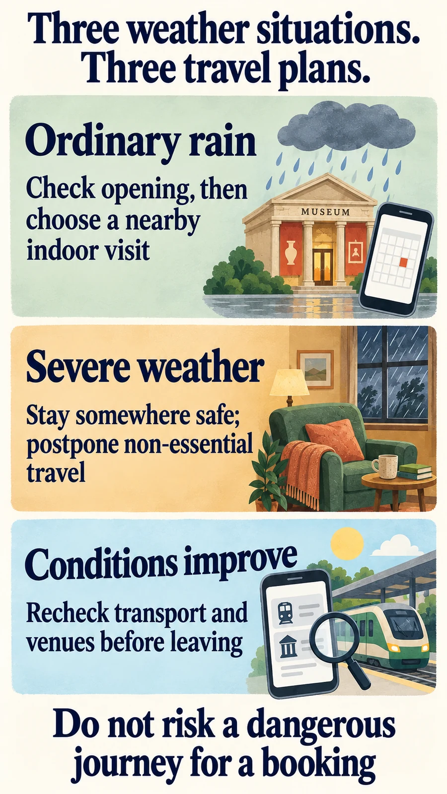 Travel plans for ordinary rain, severe weather and improving conditions