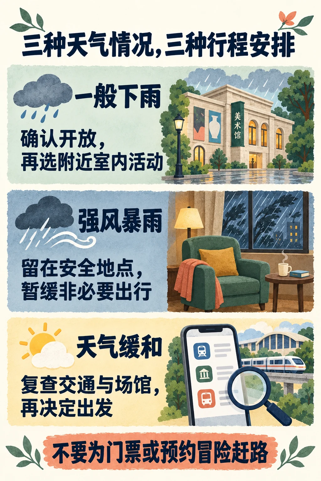 一般下雨、强风暴雨和天气缓和时分别调整安排的说明图