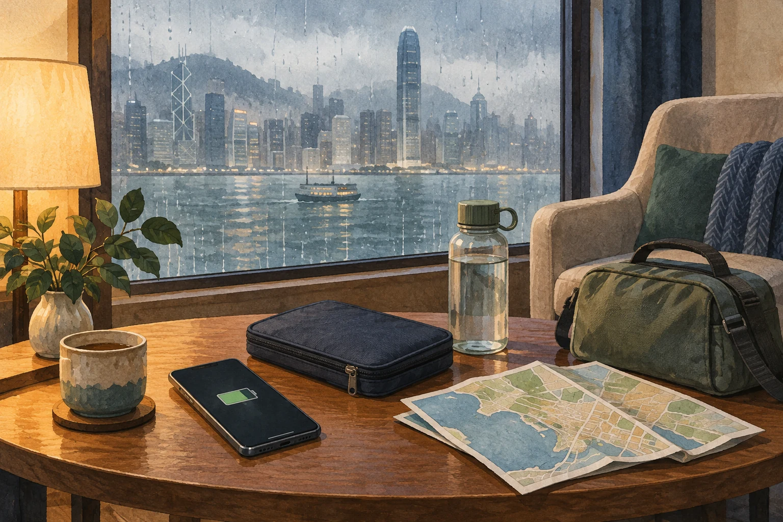 Illustration of a phone, drinking water, travel bag and map inside a rainy hotel room