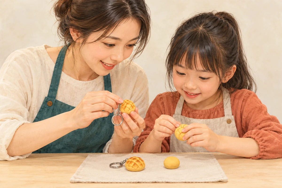 成人与儿童一起制作菠萝包造型黏土锁匙扣的手作示意