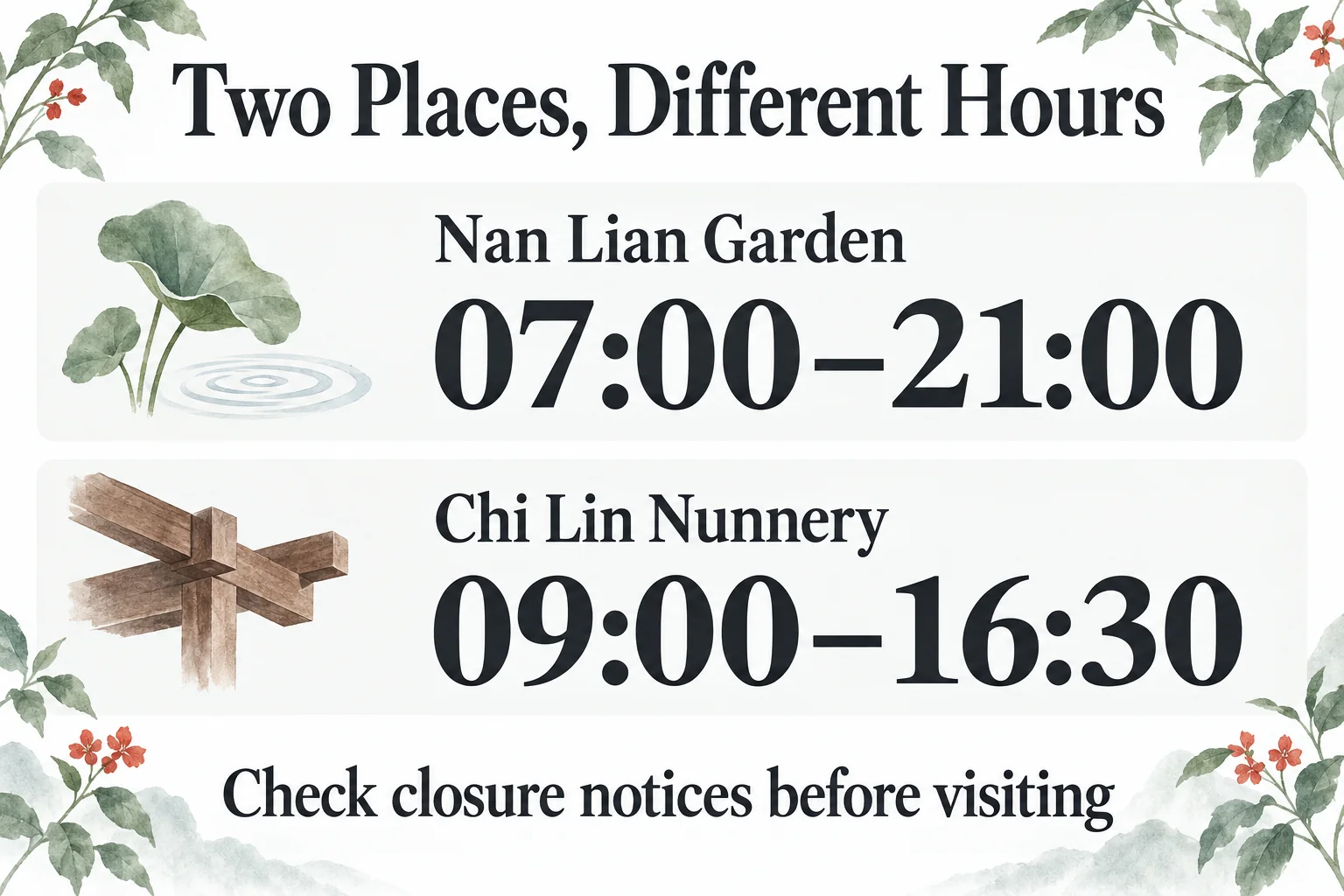 Nan Lian Garden 07:00–21:00 compared with Chi Lin Nunnery 09:00–16:30