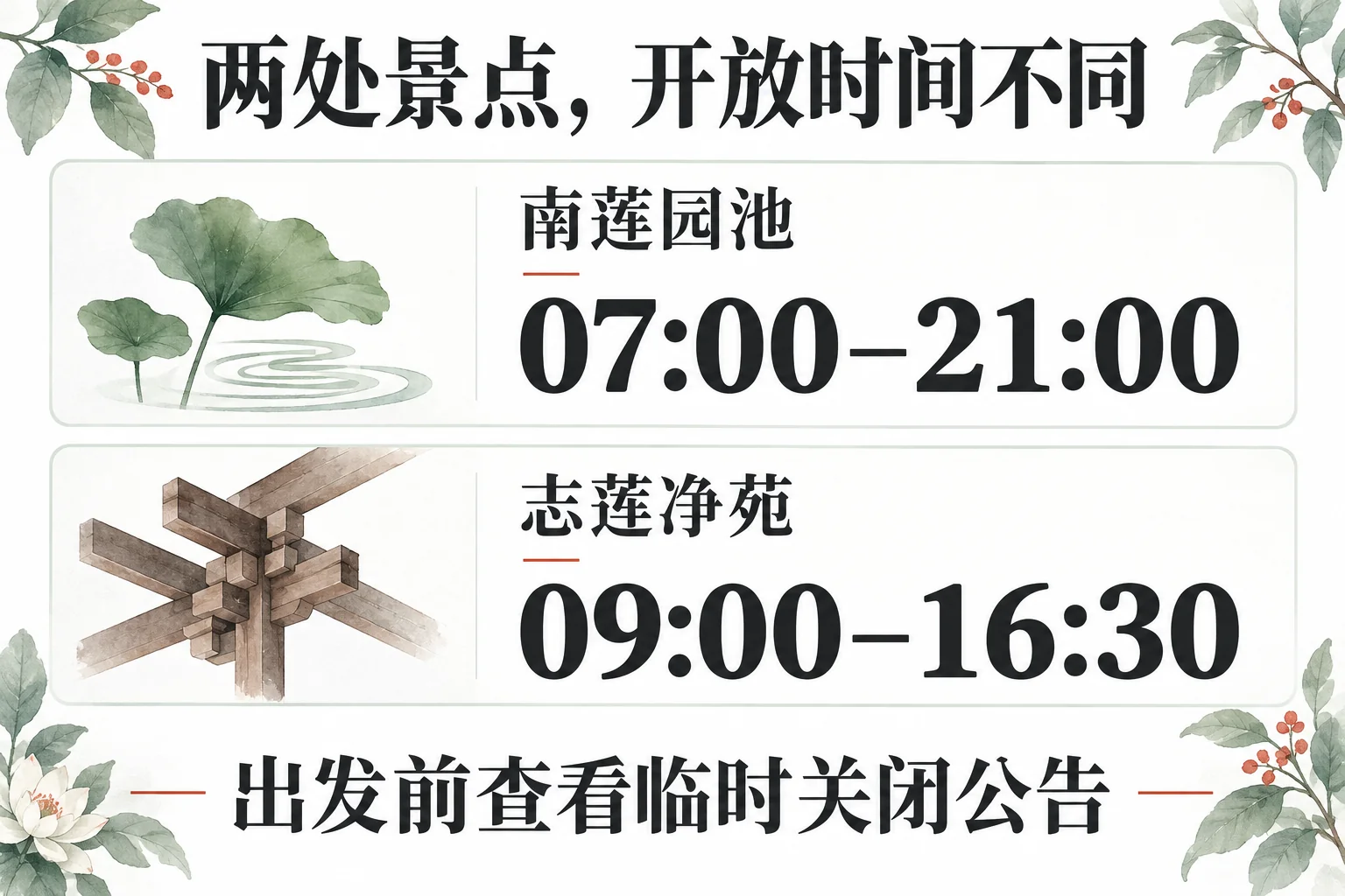 南莲园池07:00至21:00与志莲净苑09:00至16:30开放时间对照