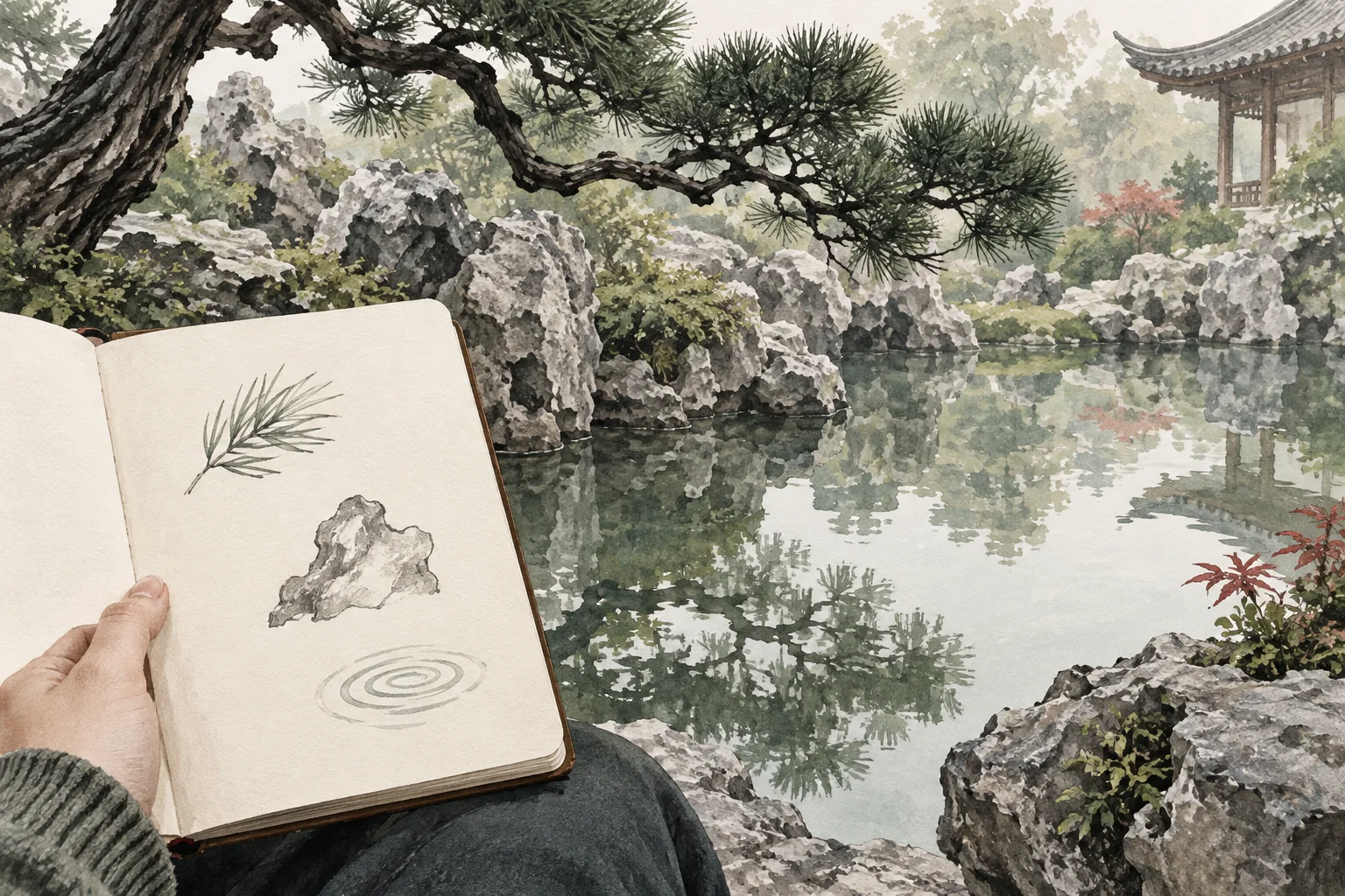 Travel-sketch illustration studying a leaf, rocks and water texture