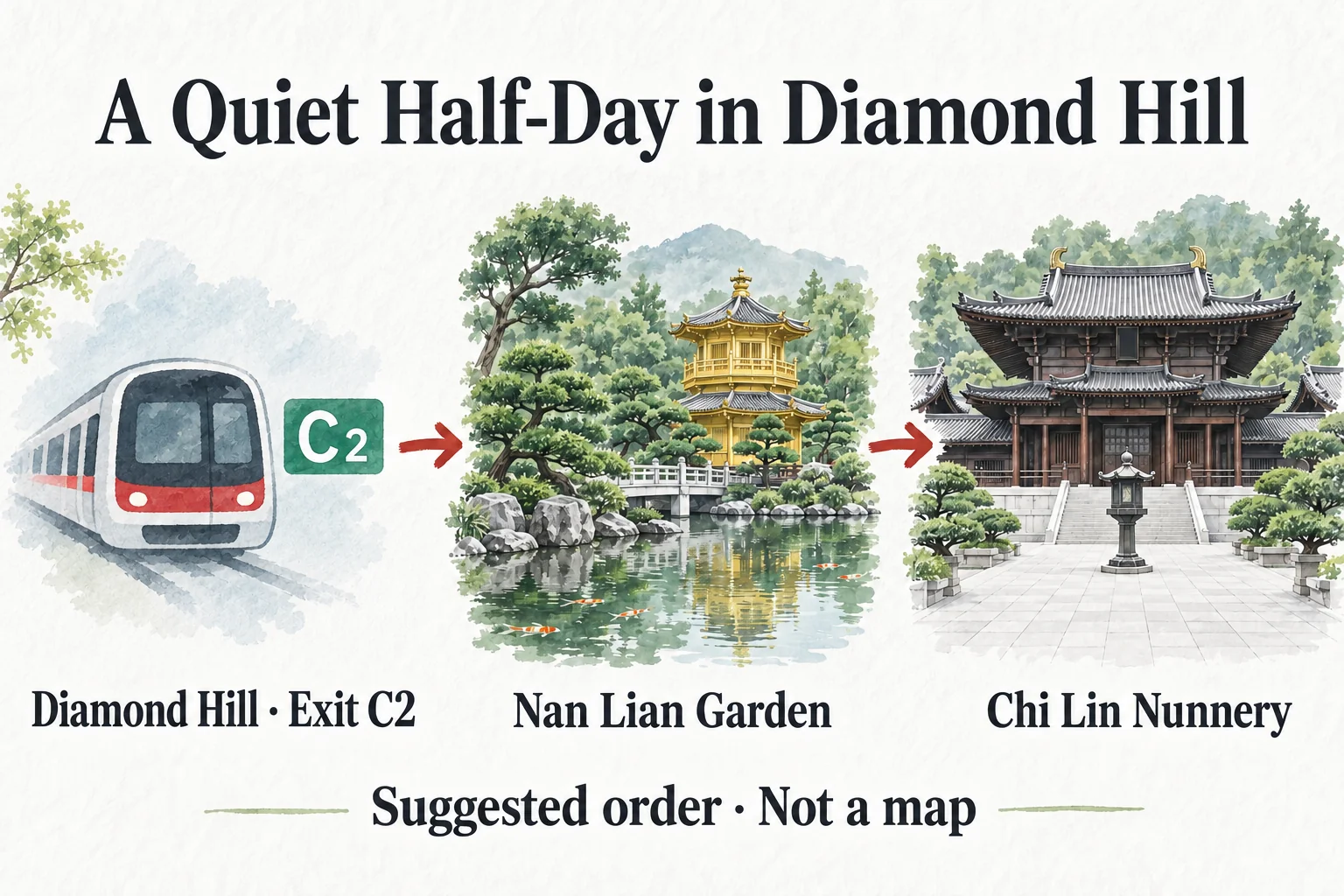 Suggested sequence from Diamond Hill Exit C2 to Nan Lian Garden and Chi Lin Nunnery