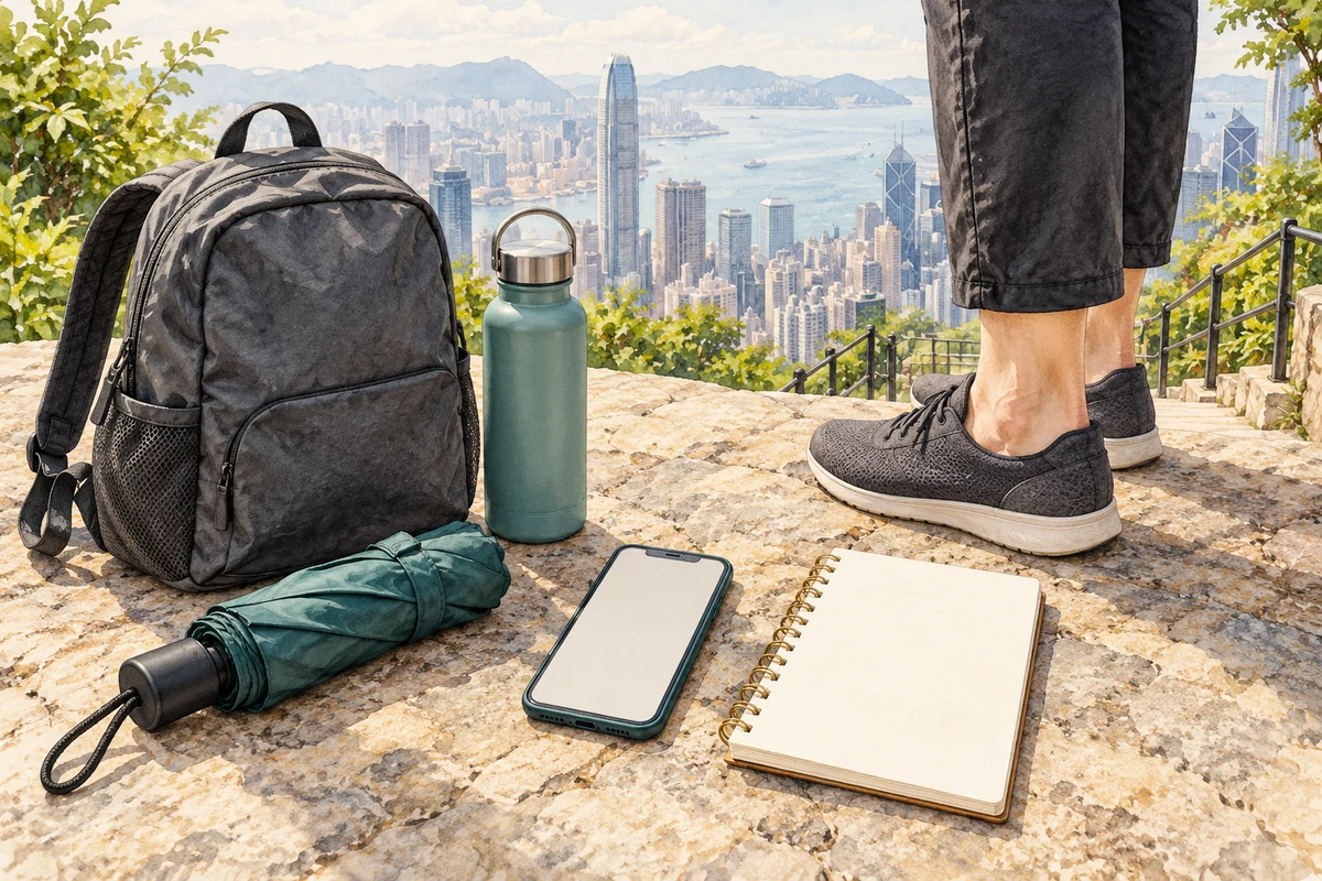 A daypack, bottle, umbrella, walking shoes, blank phone and notebook