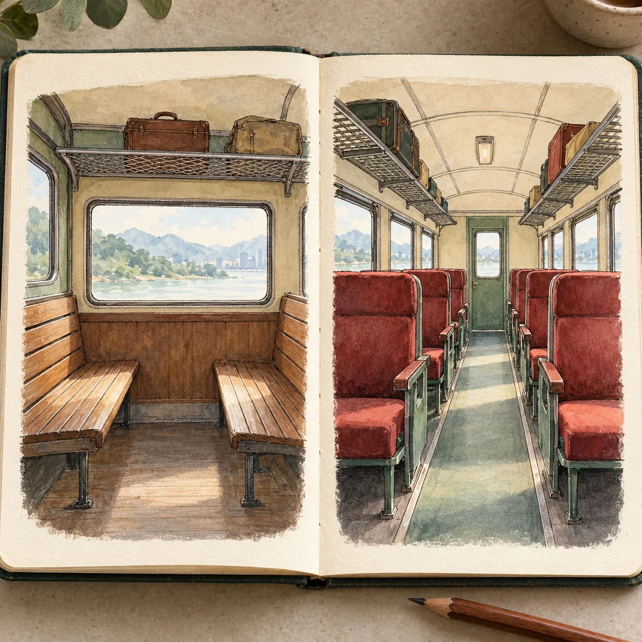 An open observation book comparing wooden and upholstered seats, aisles and luggage racks